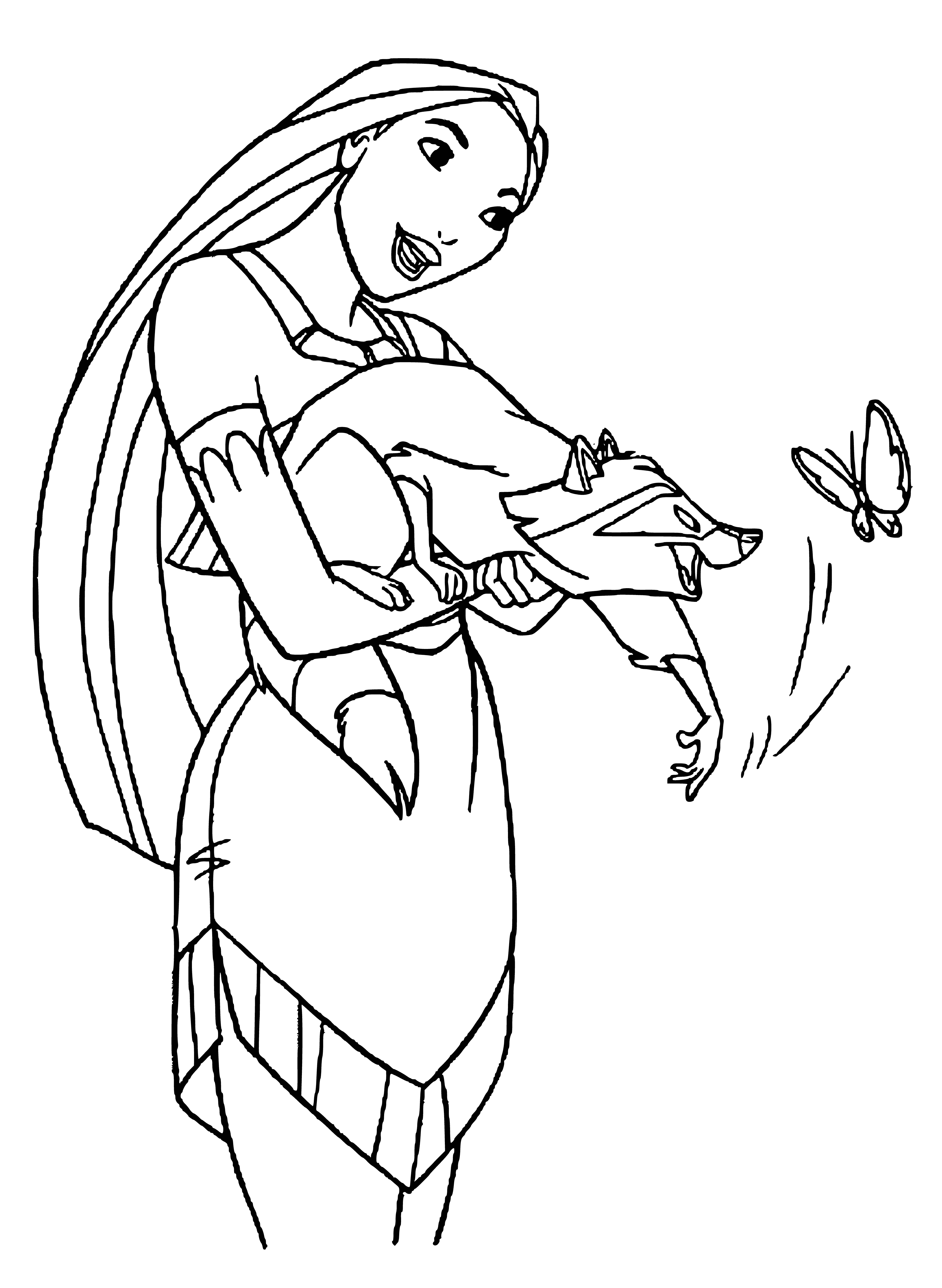 coloring page: Pocahontas & her pet stand in a colourful forest; she wears a brown dress with a yellow belt & a feather in her black hair. Miko is a white&brown rabbit. #animals #nature