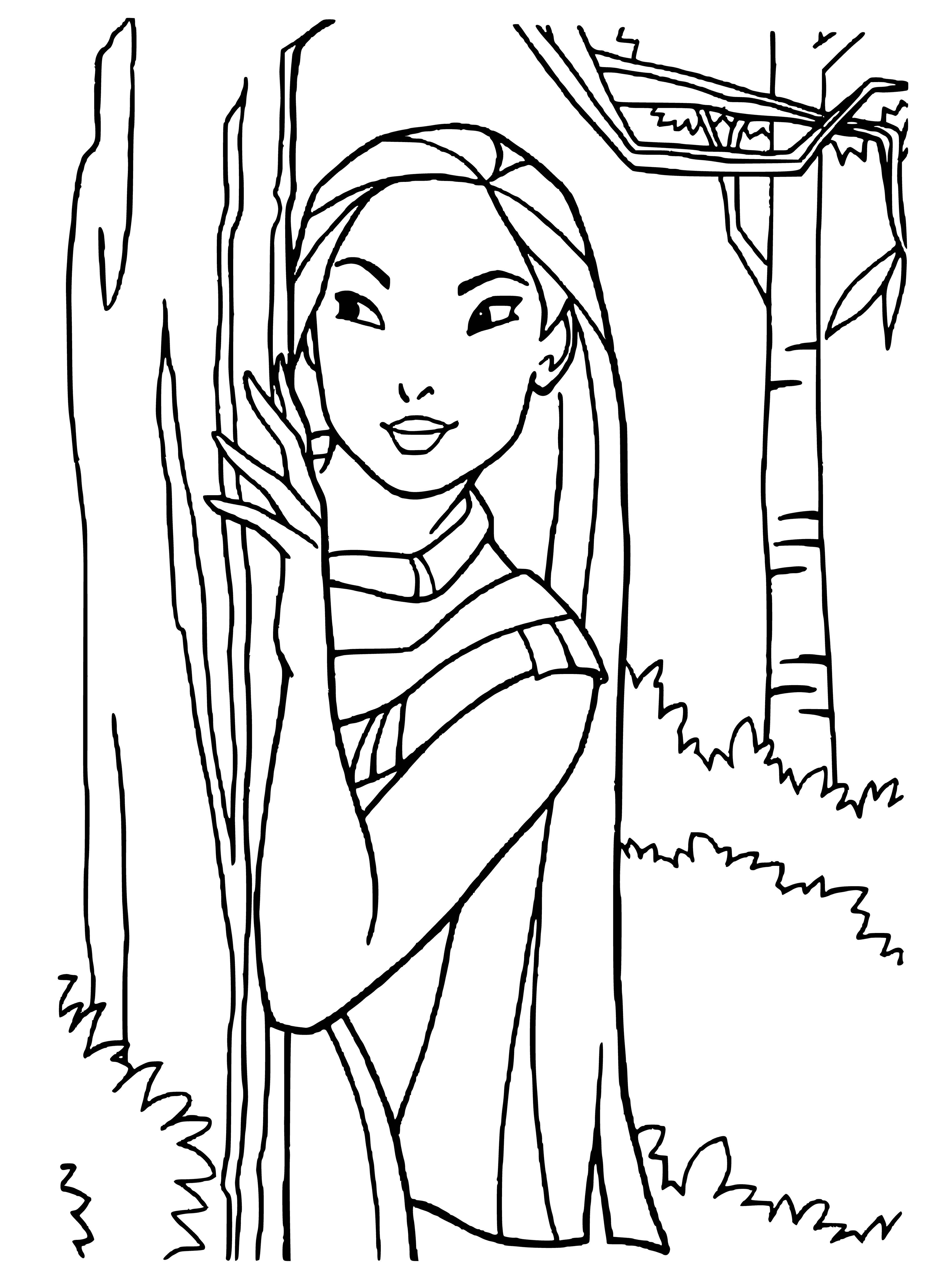 coloring page: Pocahontas lies on ground in deerskin dress, black hair cascading, pipe in hand, looking at pet wolf lying nearby. #coloringpage