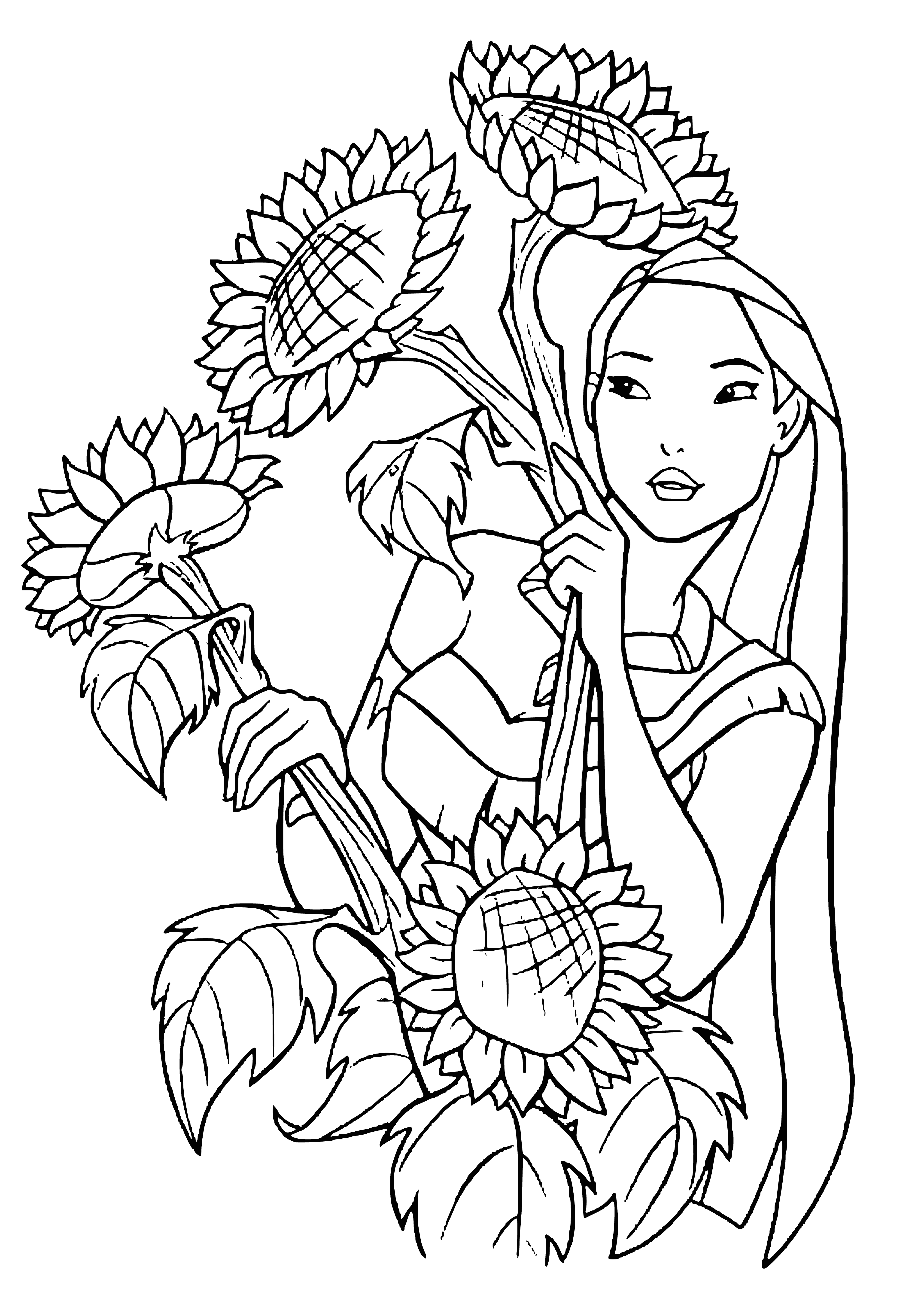 coloring page: Woman in white dress with red/blue designs, holding feather necklace, surrounded by men.