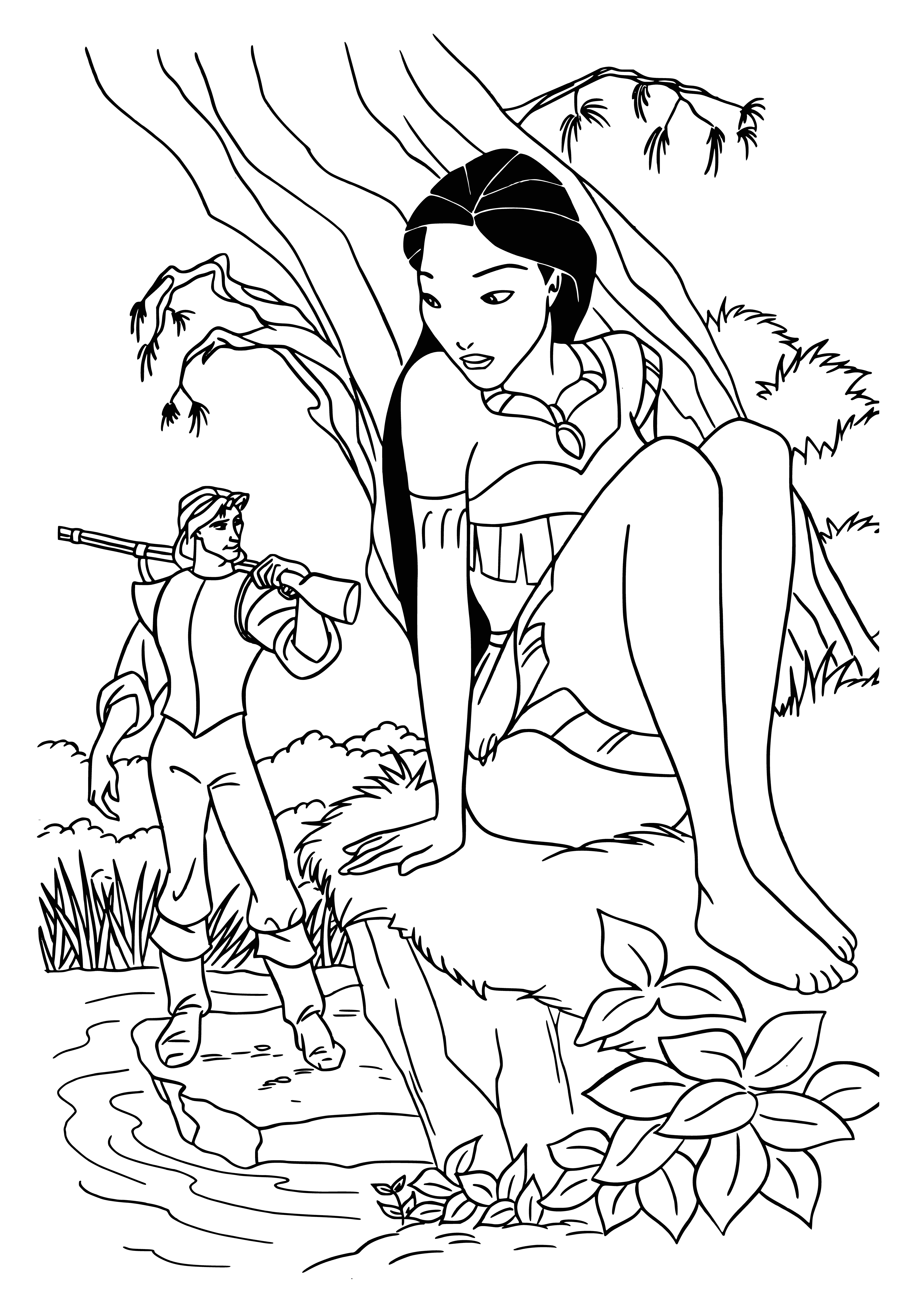 coloring page: English sailor John Smith captured by Indians and saved by Pocahontas, 11yo daughter of Chief Powhatan, who declared Smith her husband.