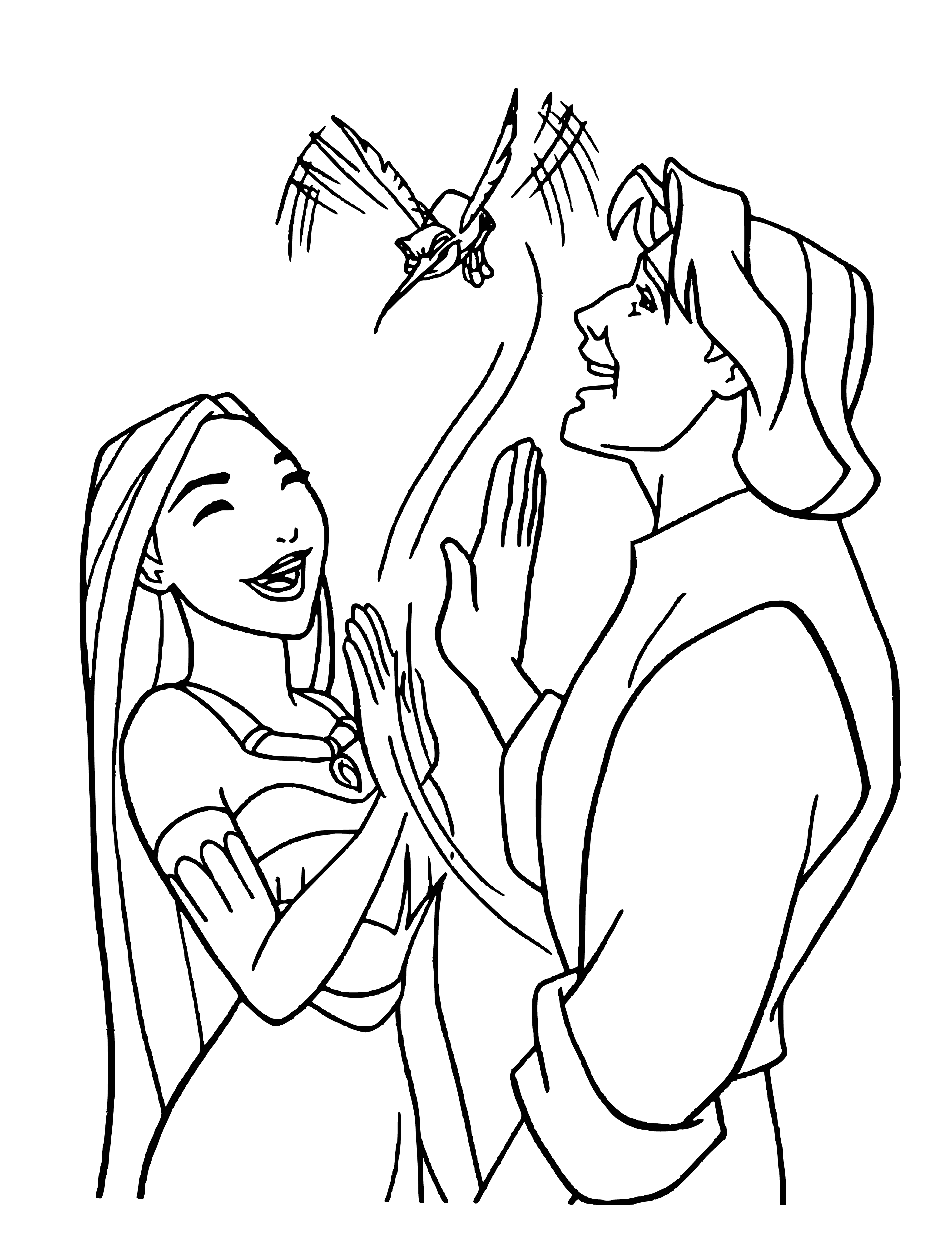 coloring page: A man and two women, dressed in white, red, and blue, smile at the camera on a sunny day beneath trees.