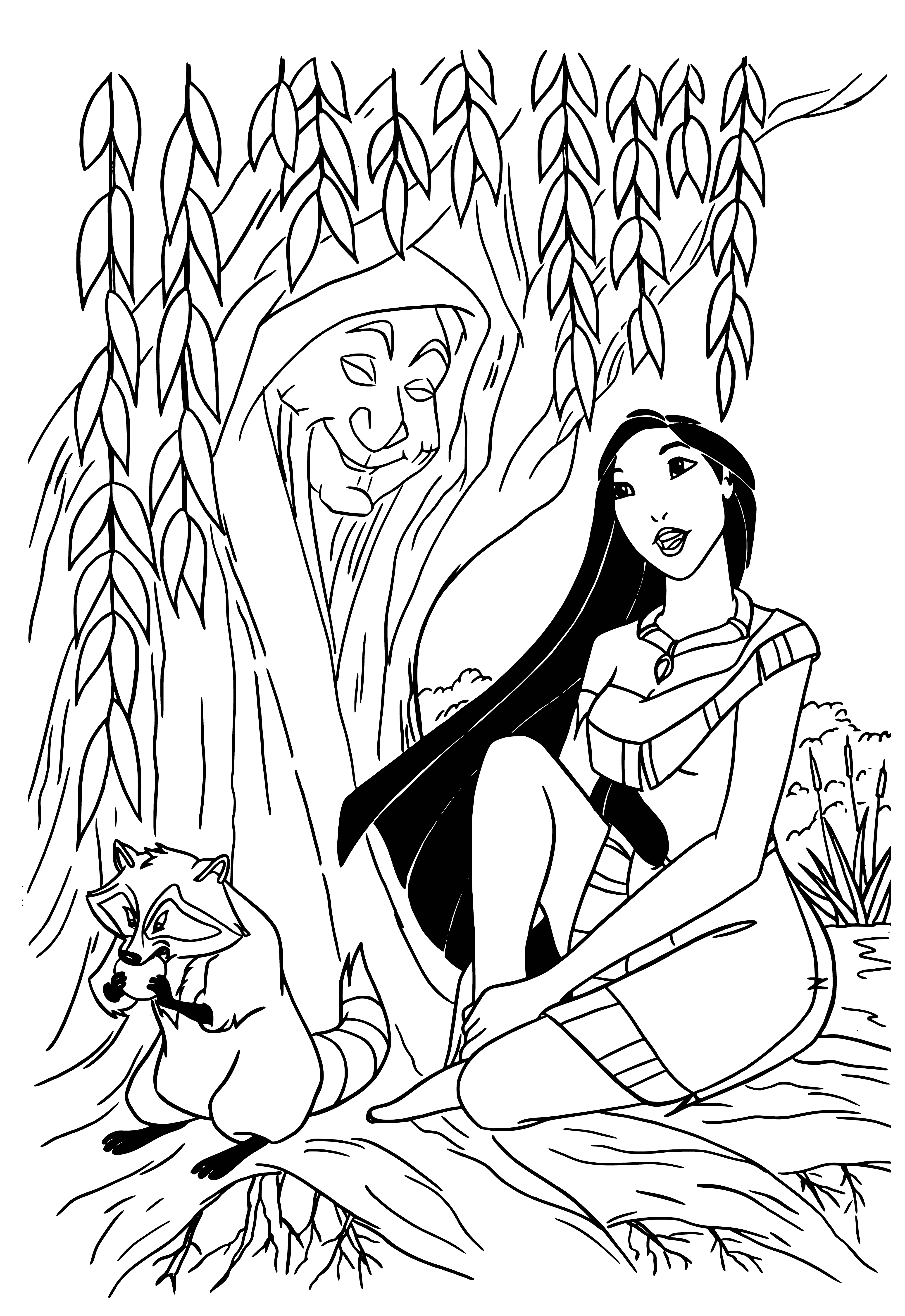 coloring page: Grandma and Pocahontas exchange kind looks in a green peaceful forest.