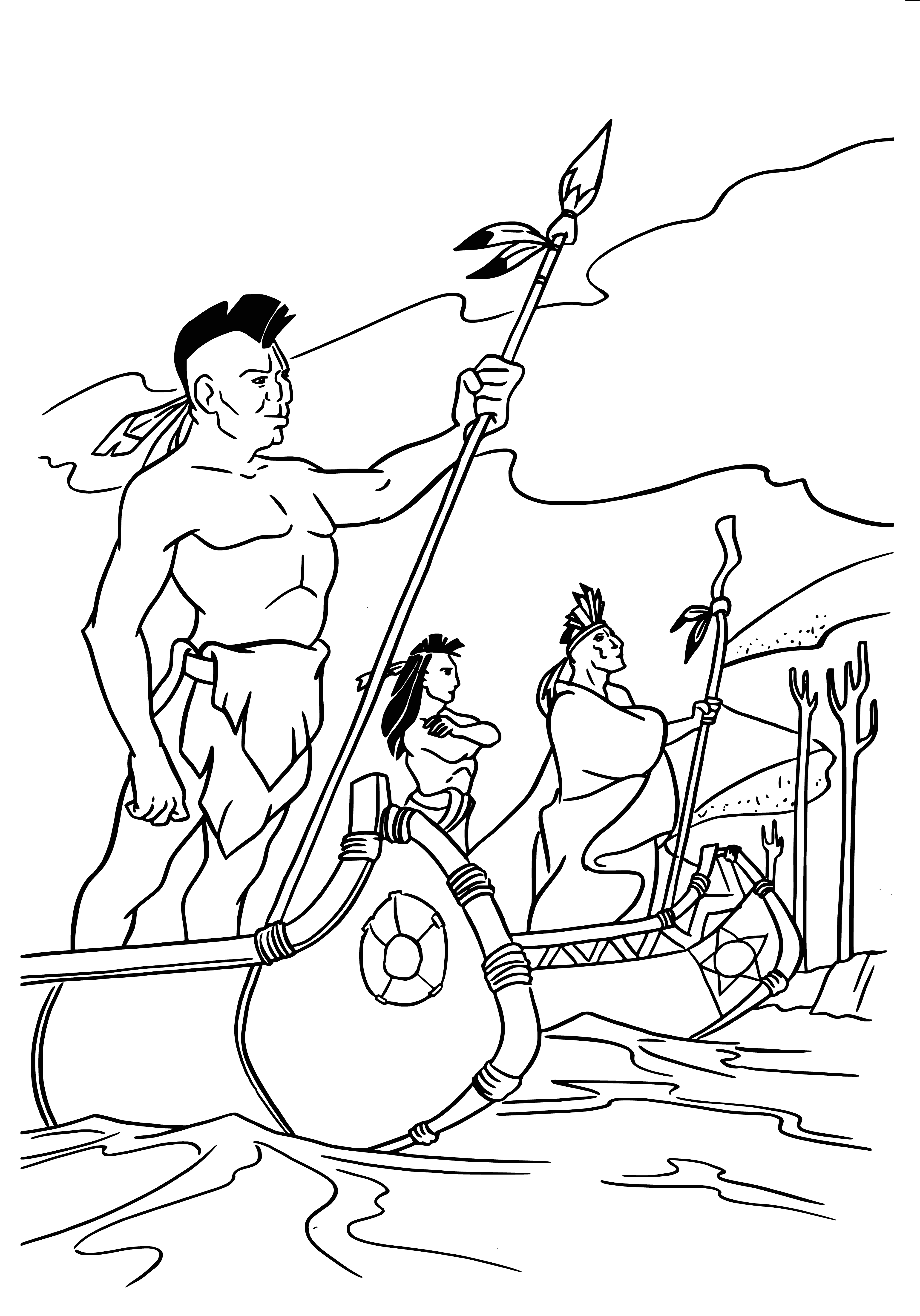 coloring page: Group of Pocahontas - Indians wearing varied clothing, some with weapons, around central fire.