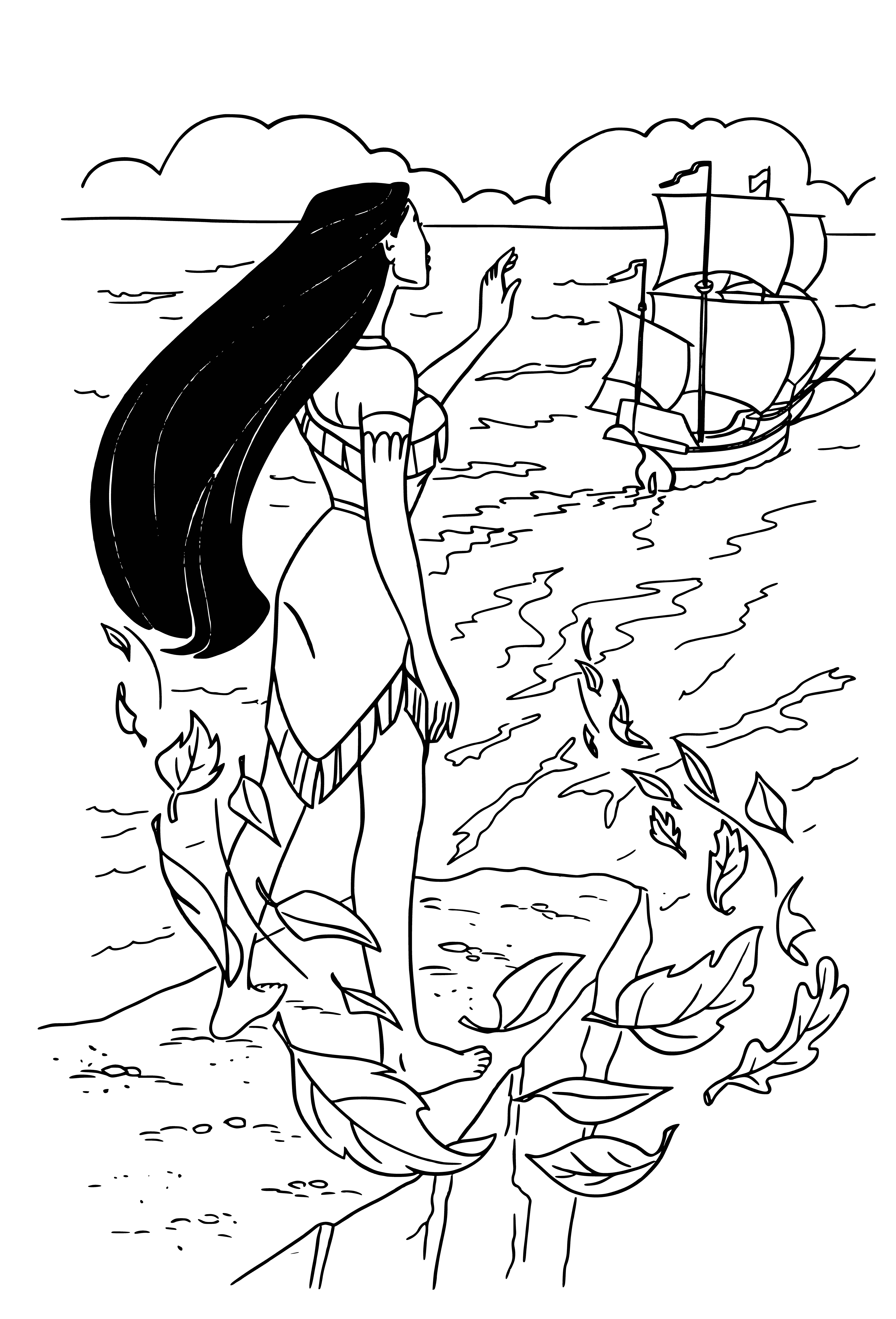 coloring page: Ship sails off into peaceful blue seas, with bright sun and whitecaps in the distance.