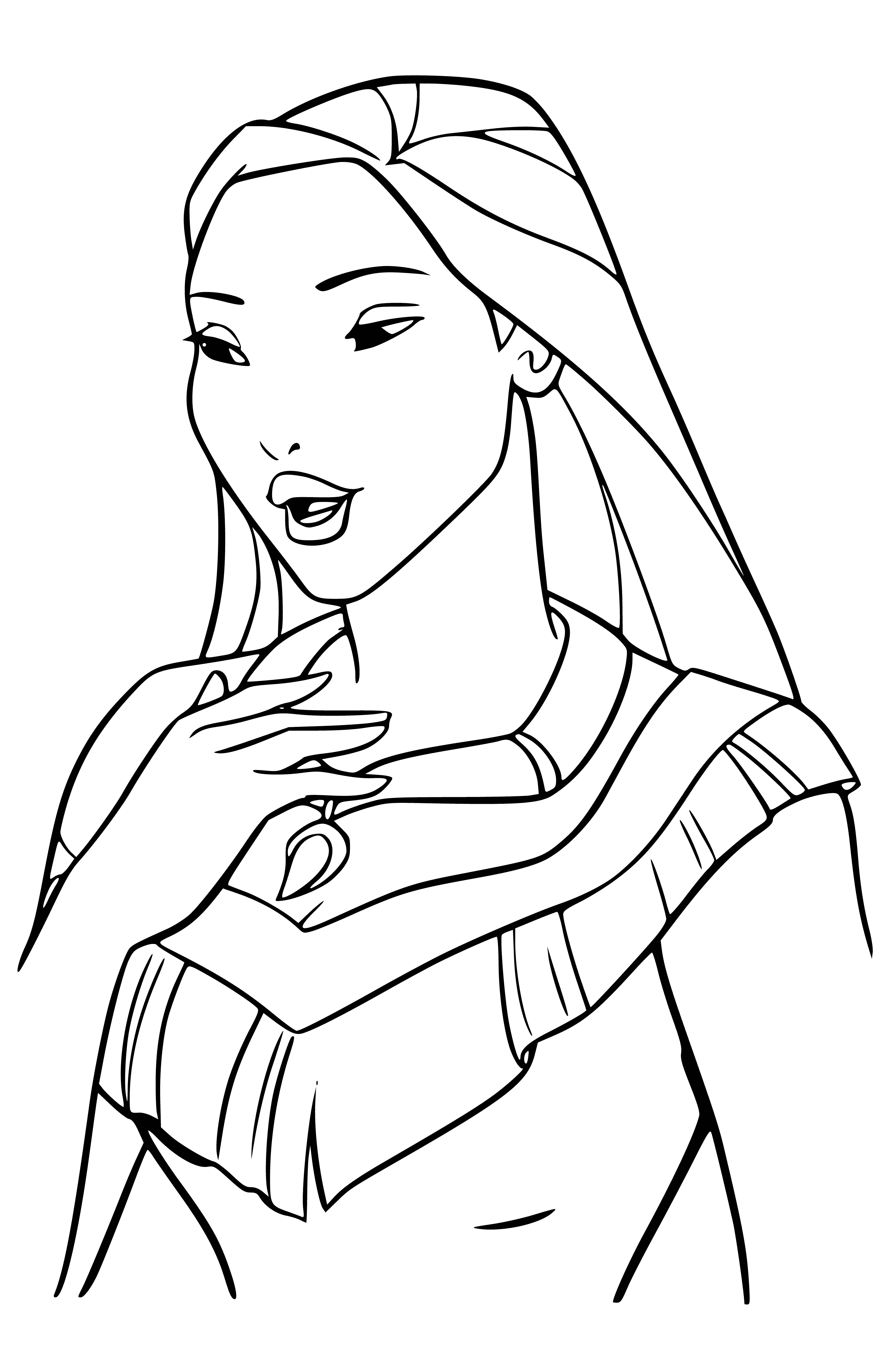 coloring page: Pocahontas stands in a traditional dress and headdress, welcoming a group, with one hand extended while her face is framed by two curl strands.