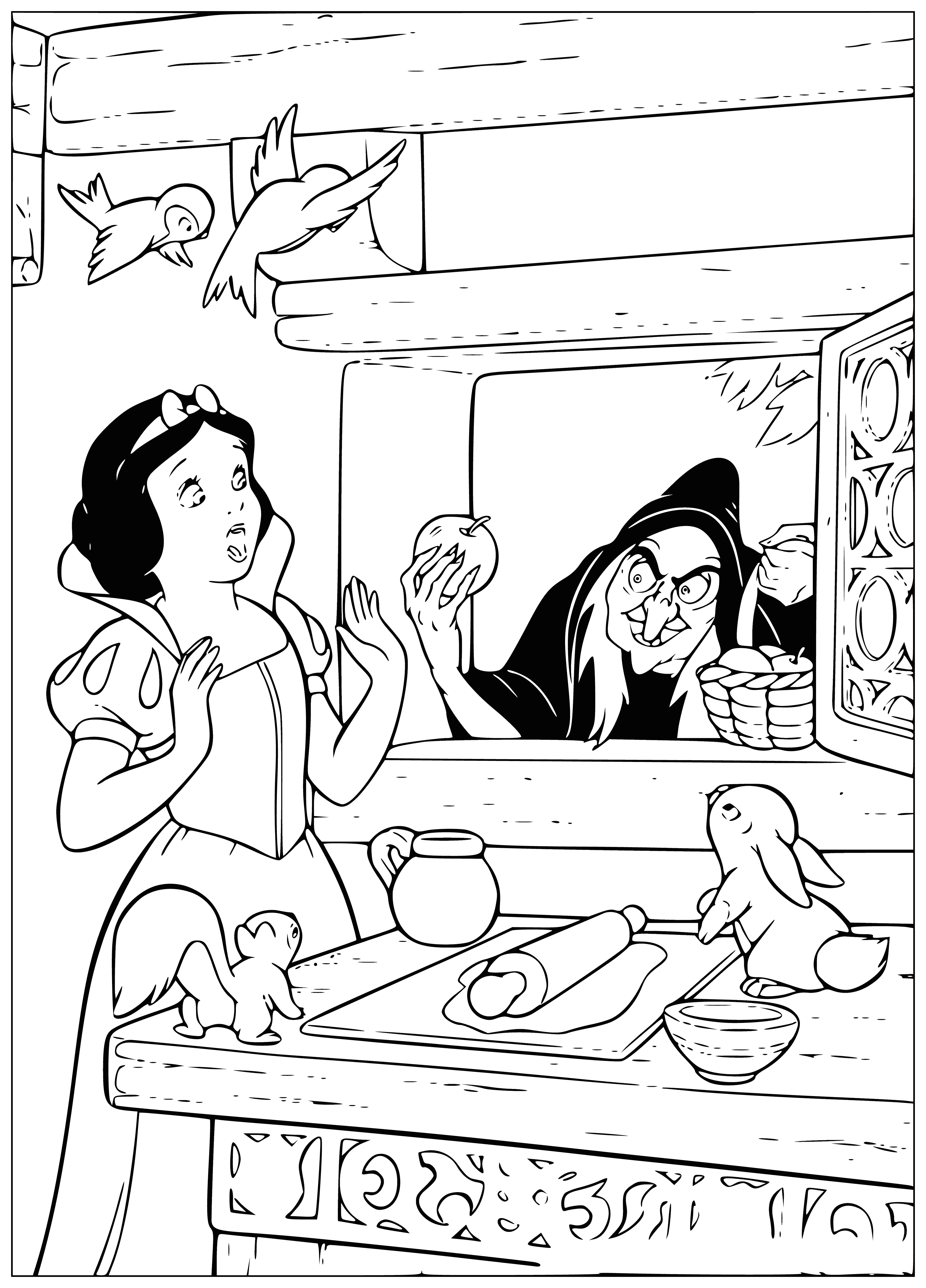 coloring page: Woman in dark cape offers apple to scared Snow White; face hidden in shadows of hood.