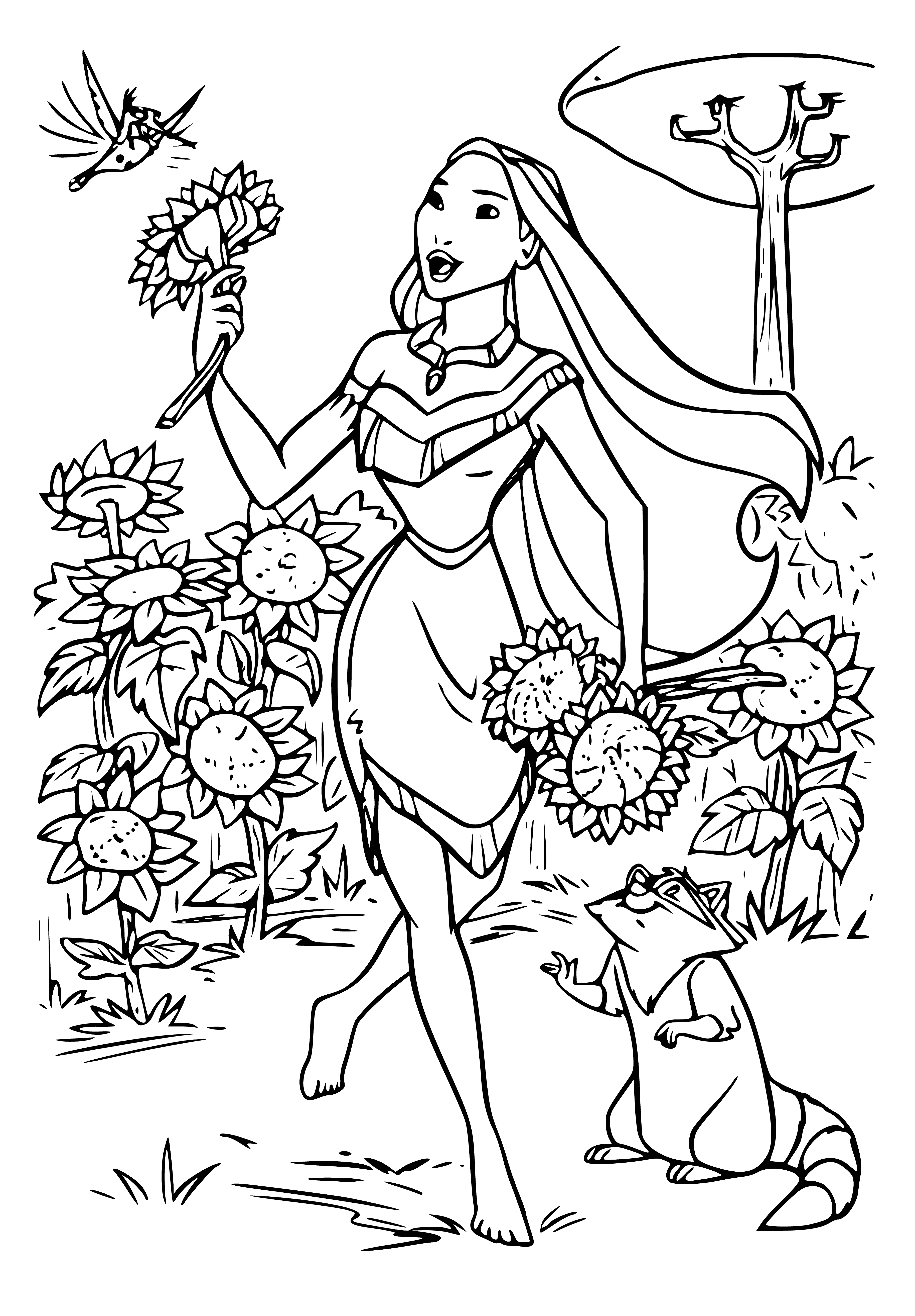 coloring page: Five women, each holding something- baby, basket, book, pen, paper.