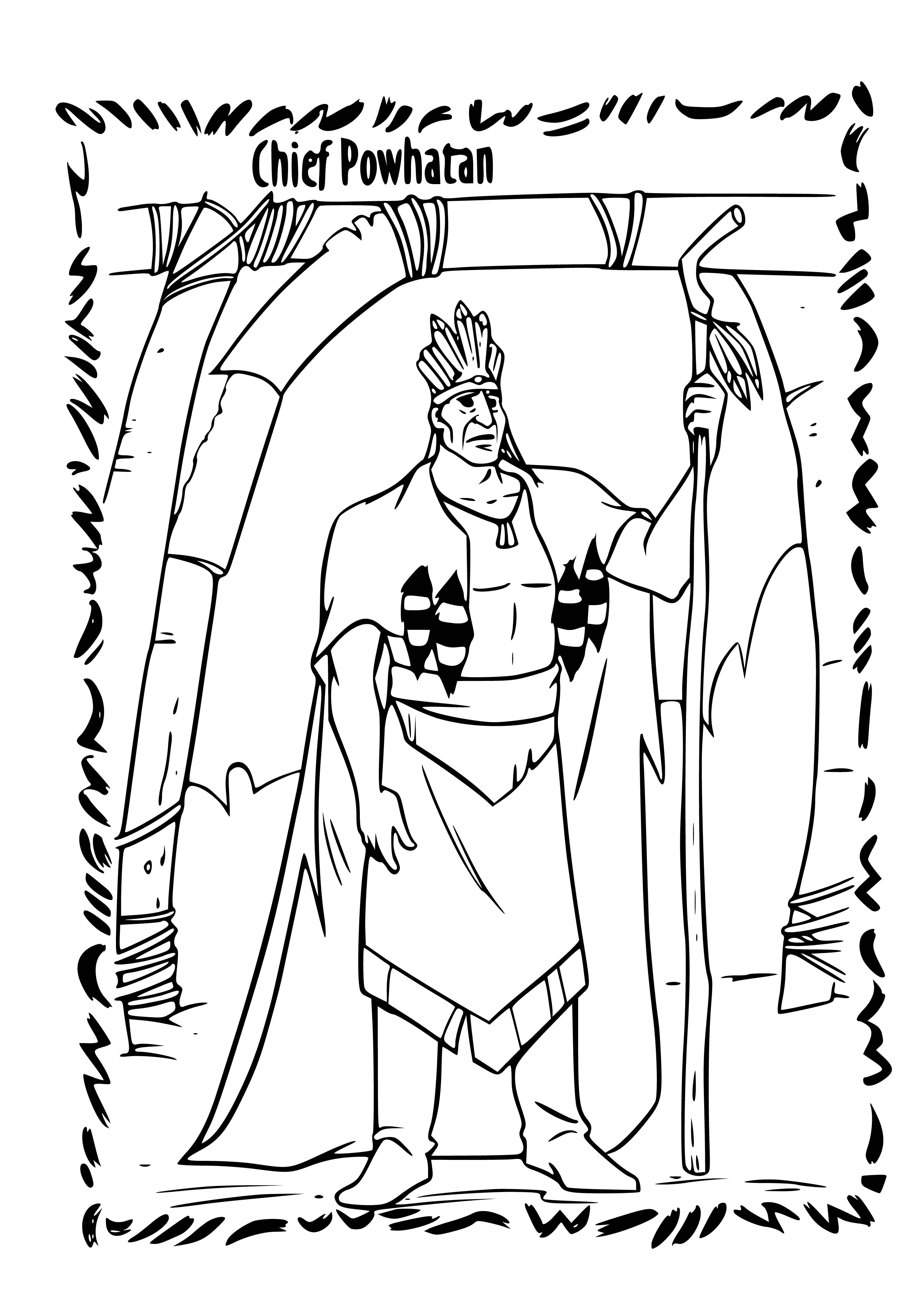 coloring page: Pocahontas, seated on ground with crossed legs, wears brown dress w/ fringed bottom; dark hair pulled back, feathers in it. Looks off to the side.