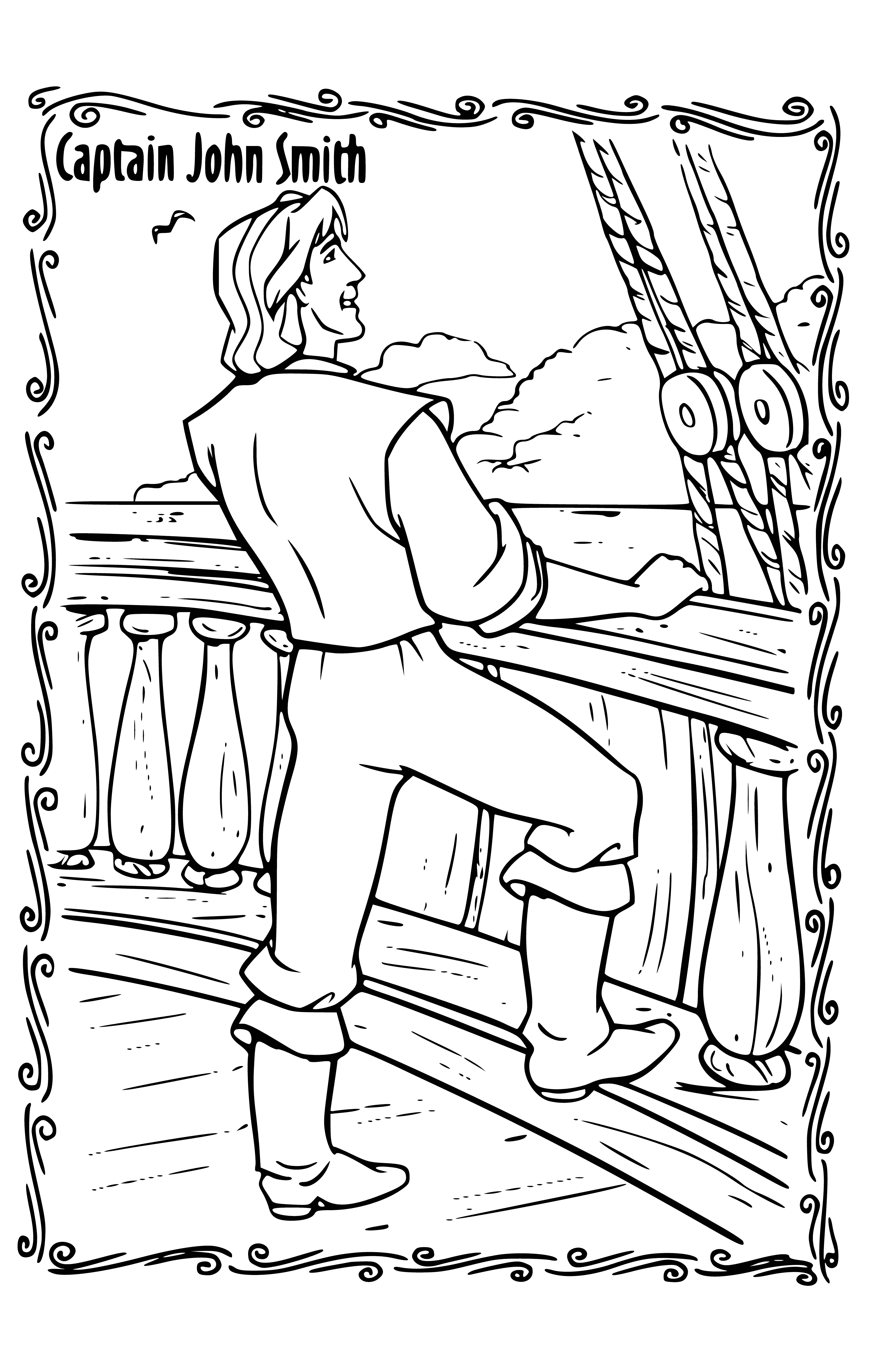coloring page: Pocahontas and John Smith face each other: she wears jewelry and a dress, he wears metal armor. Both have serious expressions as they look intently at each other.