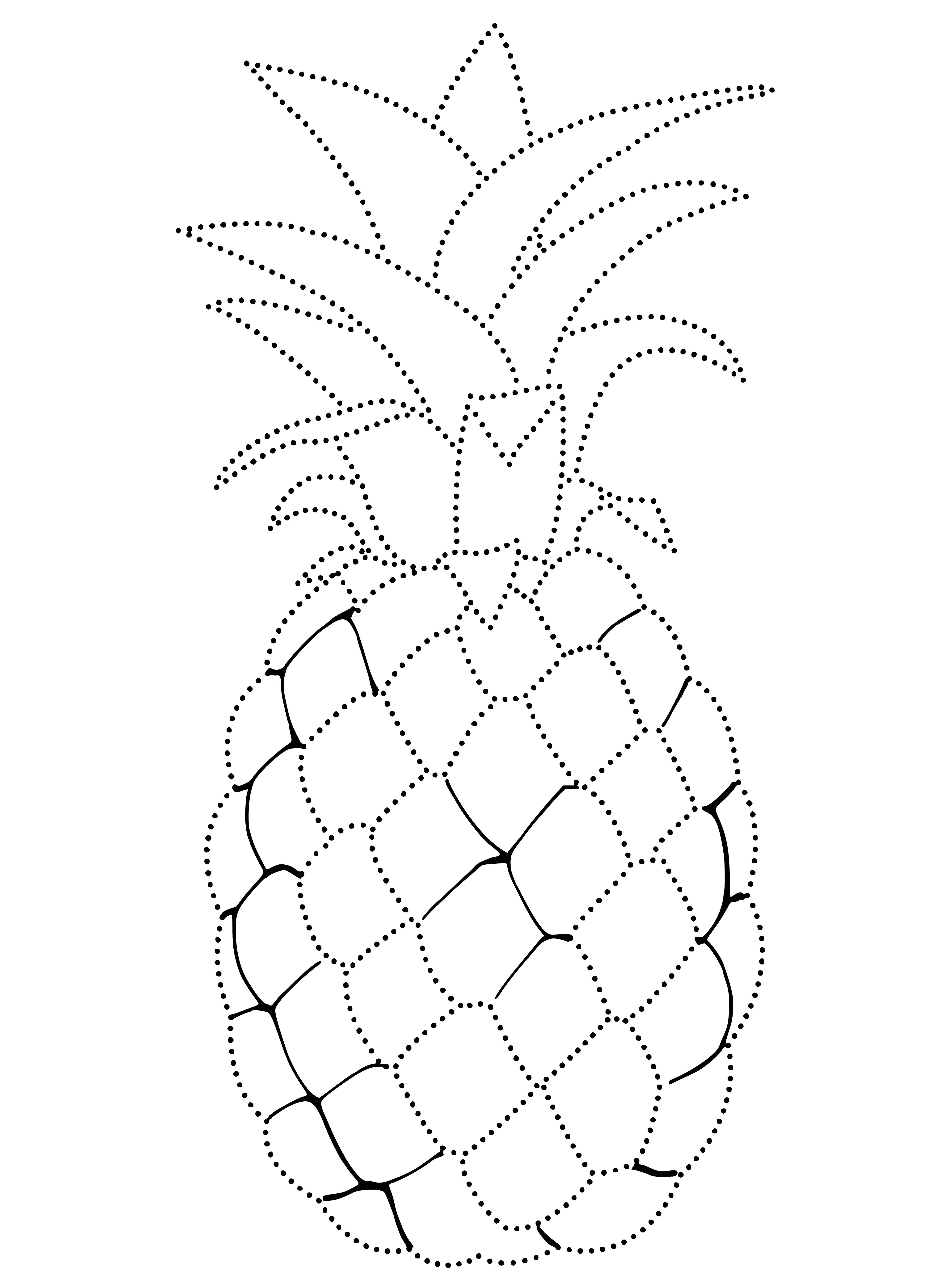 coloring page: Fruit with yellow & brown spots & green top, the pineapple sits on a white plate.