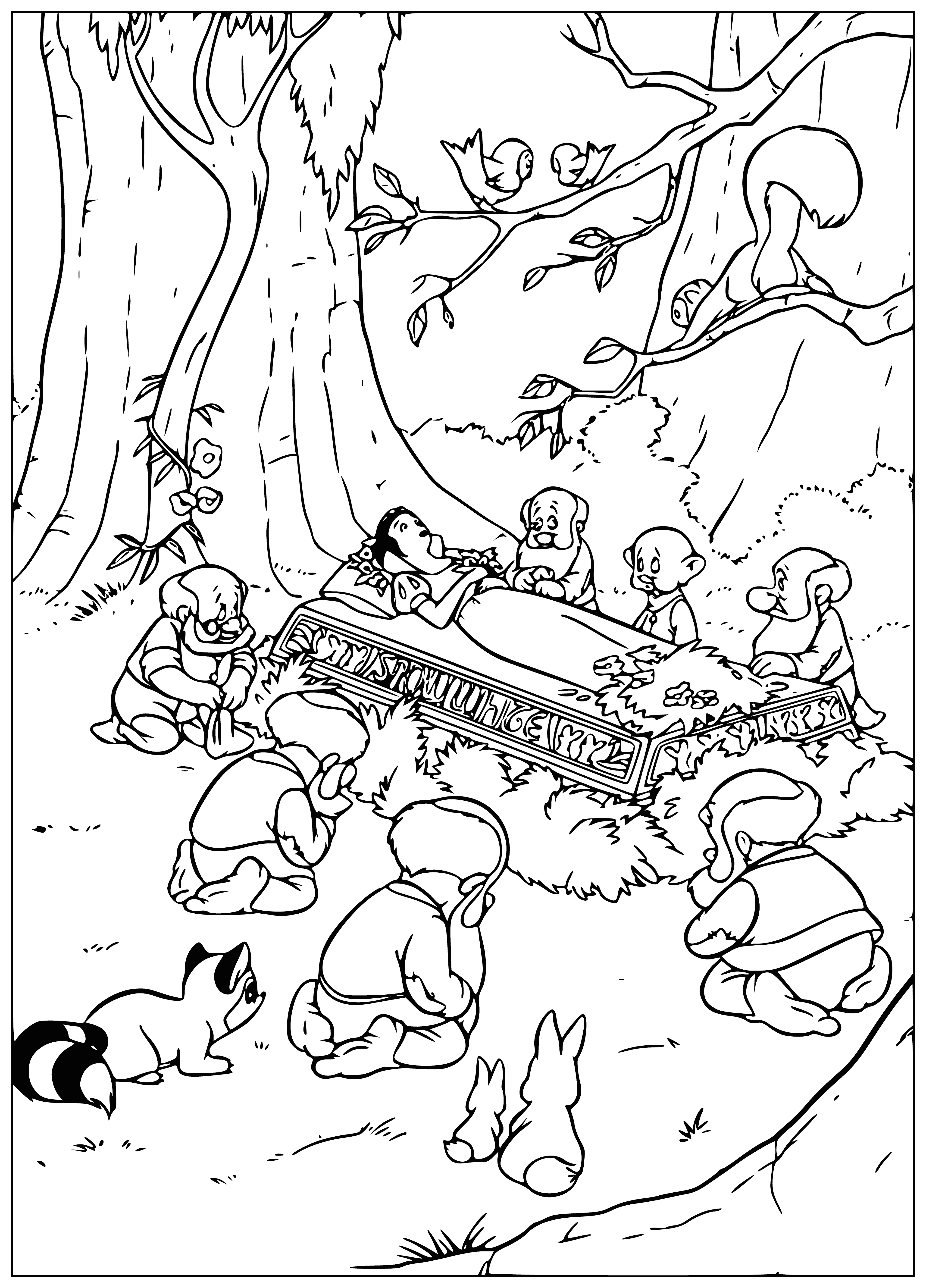 coloring page: Snow White found seven friendly dwarves in the forest who welcomed her with a fresh start.