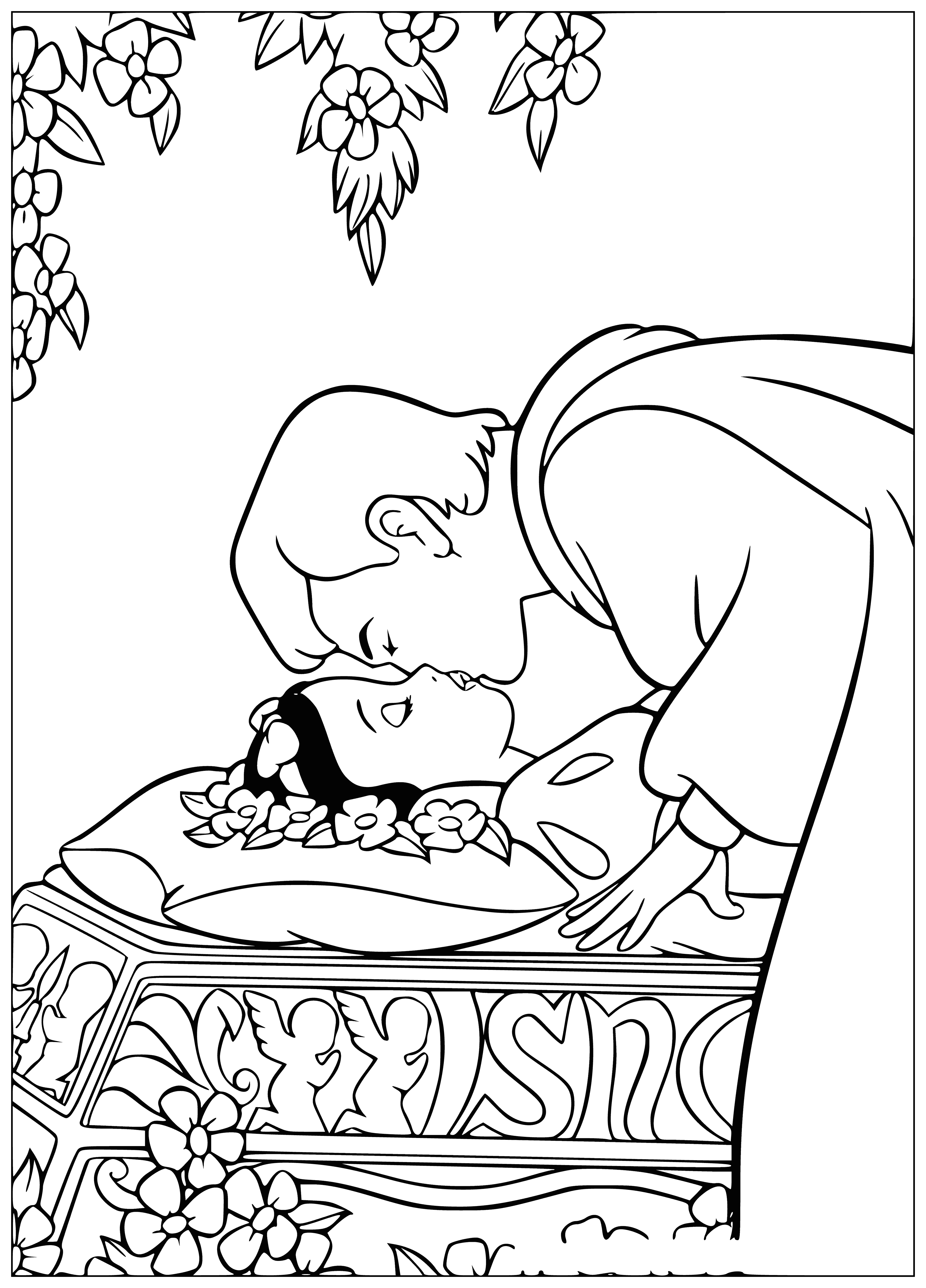 coloring page: Woman in white dress kisses man on horseback by castle. He has rose in one hand, other on her waist.