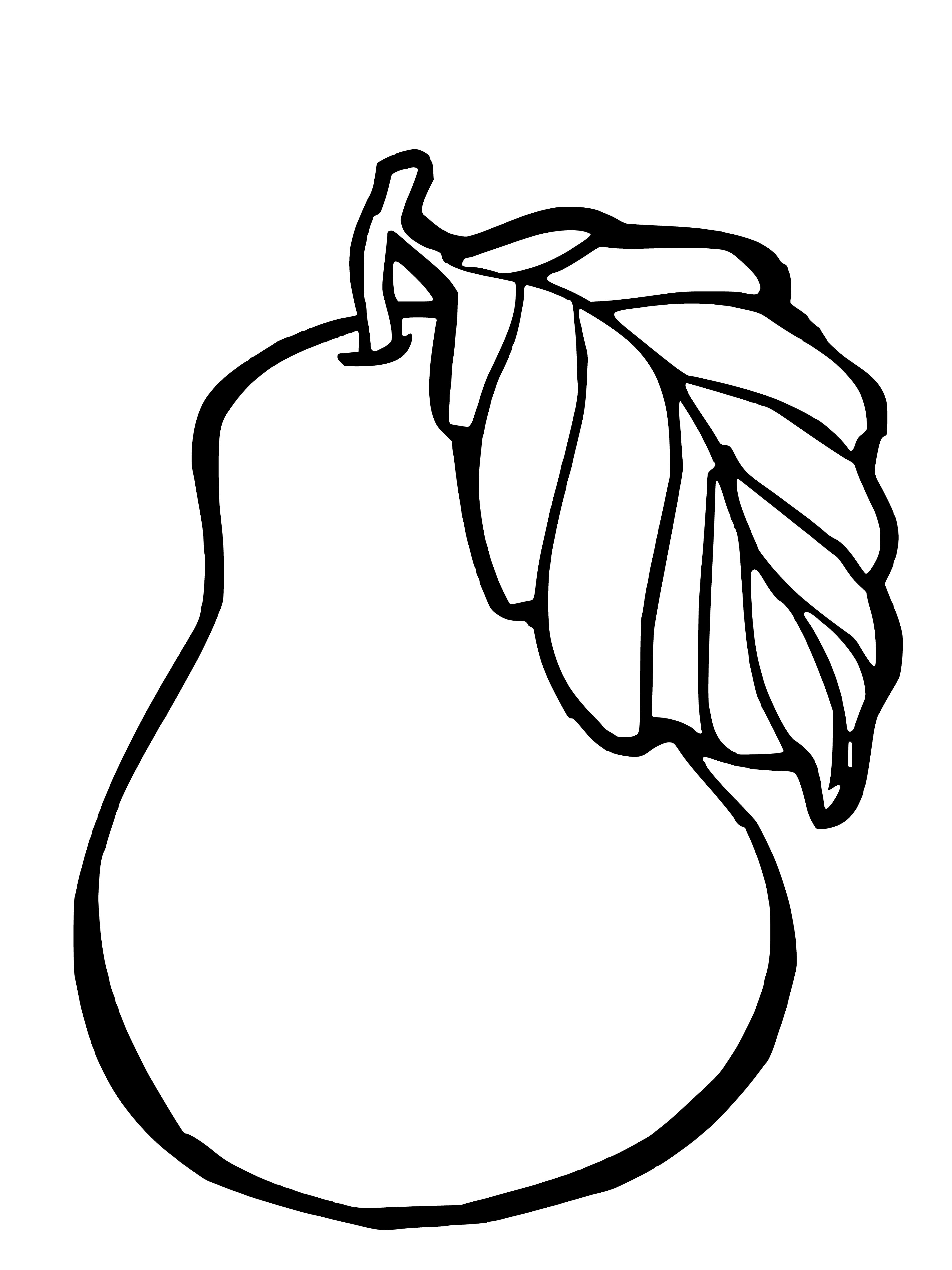 coloring page: A pear is a juicy, mildly sweet fruit with green, yellow, or red skin. High in dietary fiber, vitamins C & K.