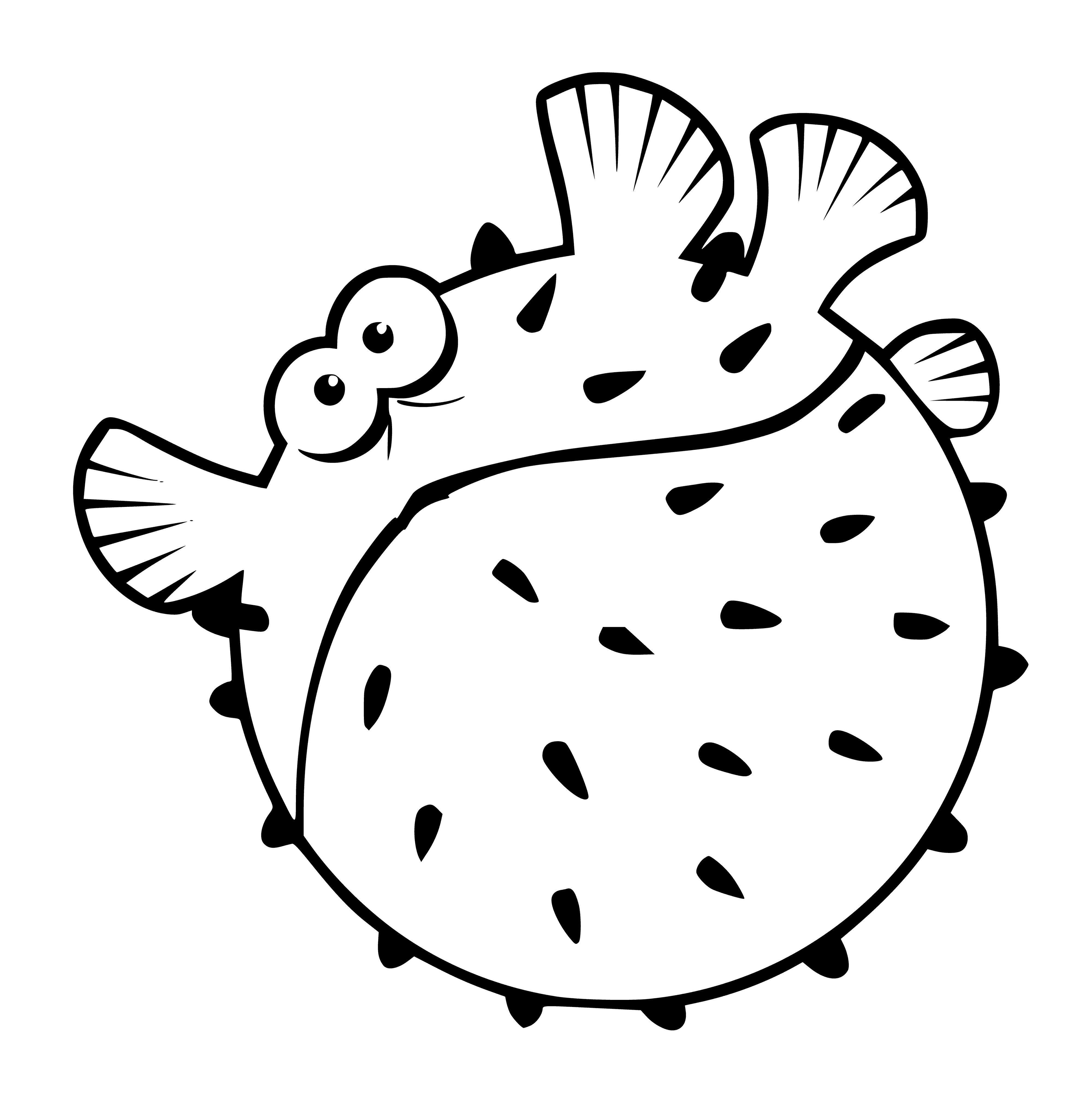 coloring page: Fish Nemo inside a polka dot ball suspended in air above blue, white stripes.