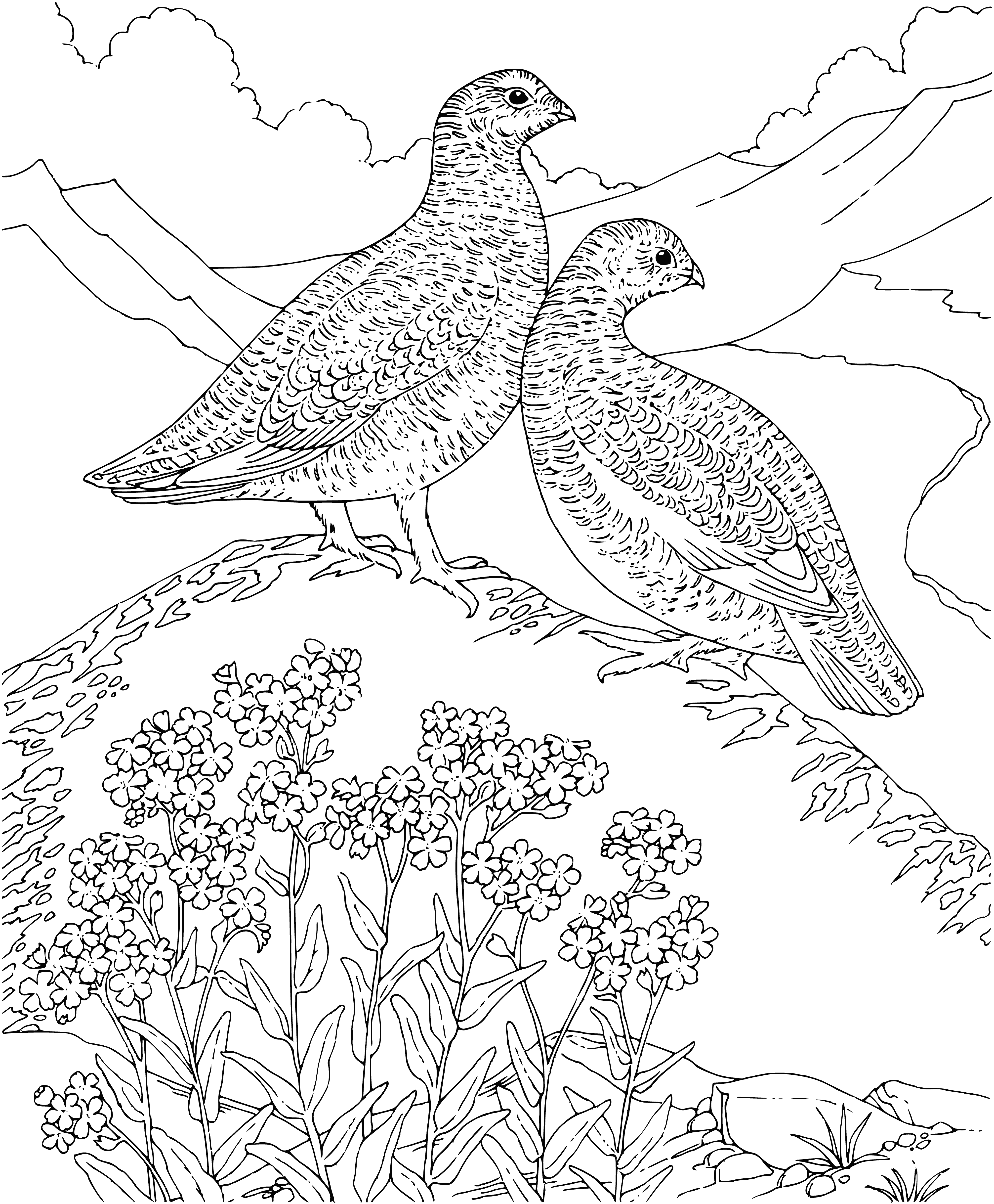 coloring page: Group of chickens on farm pecking for food; feathers in many colors. #chickens