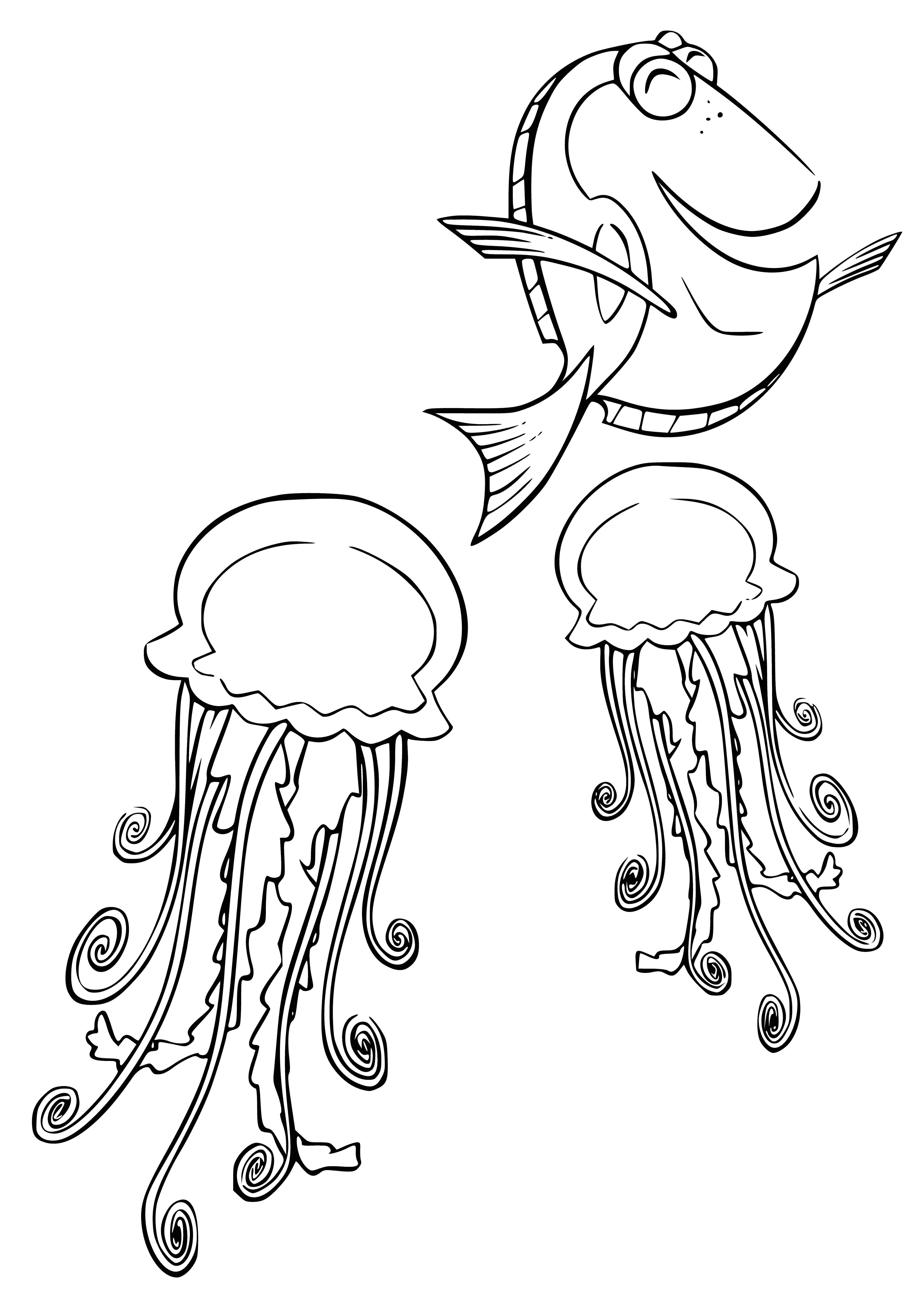 coloring page: Dory and a jellyfish swim in a coloring page; Dory is swimming and the jellyfish is floating.