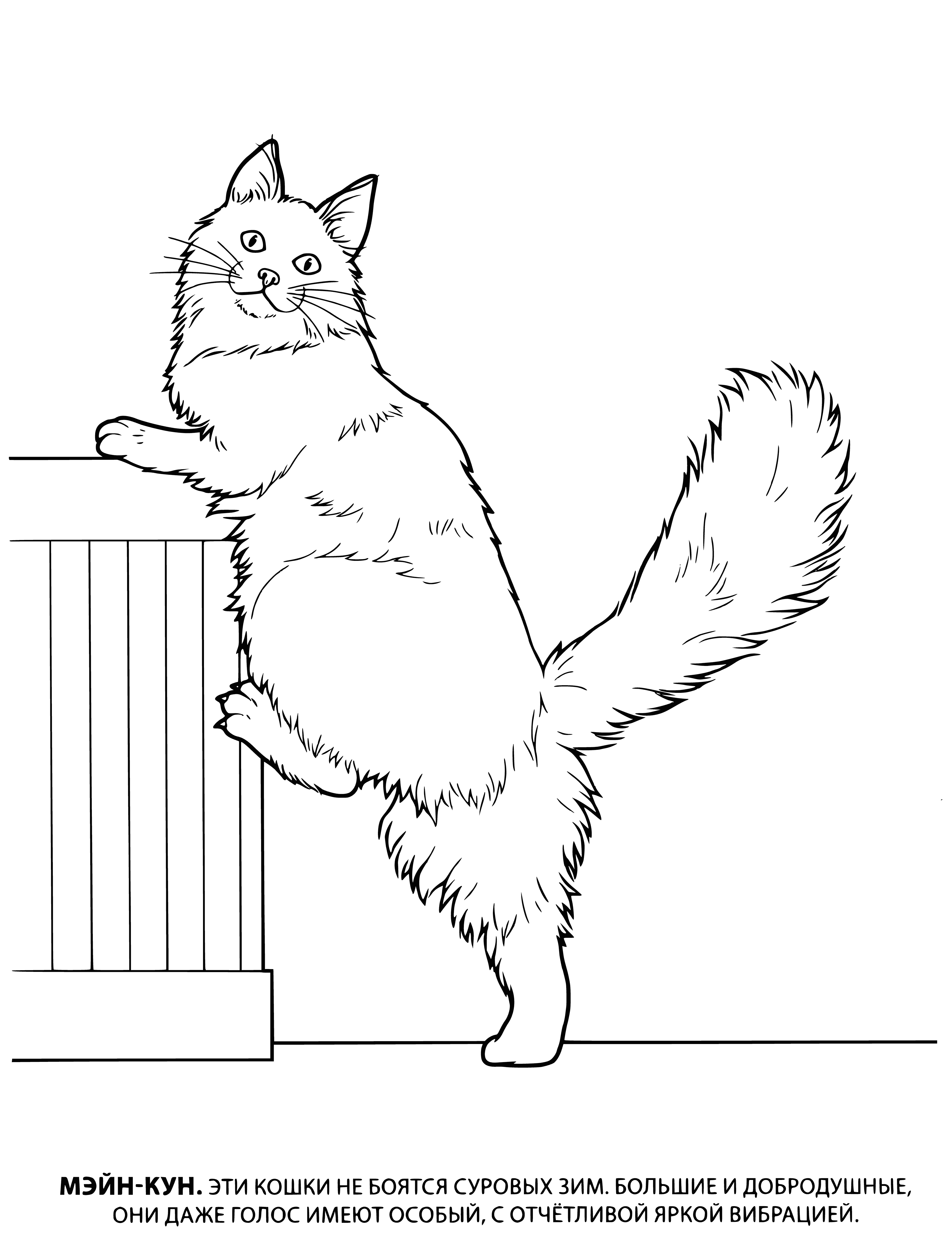 coloring page: Two Maine Coon cats: one brown and one black w/ white spots, both w/ long tails.