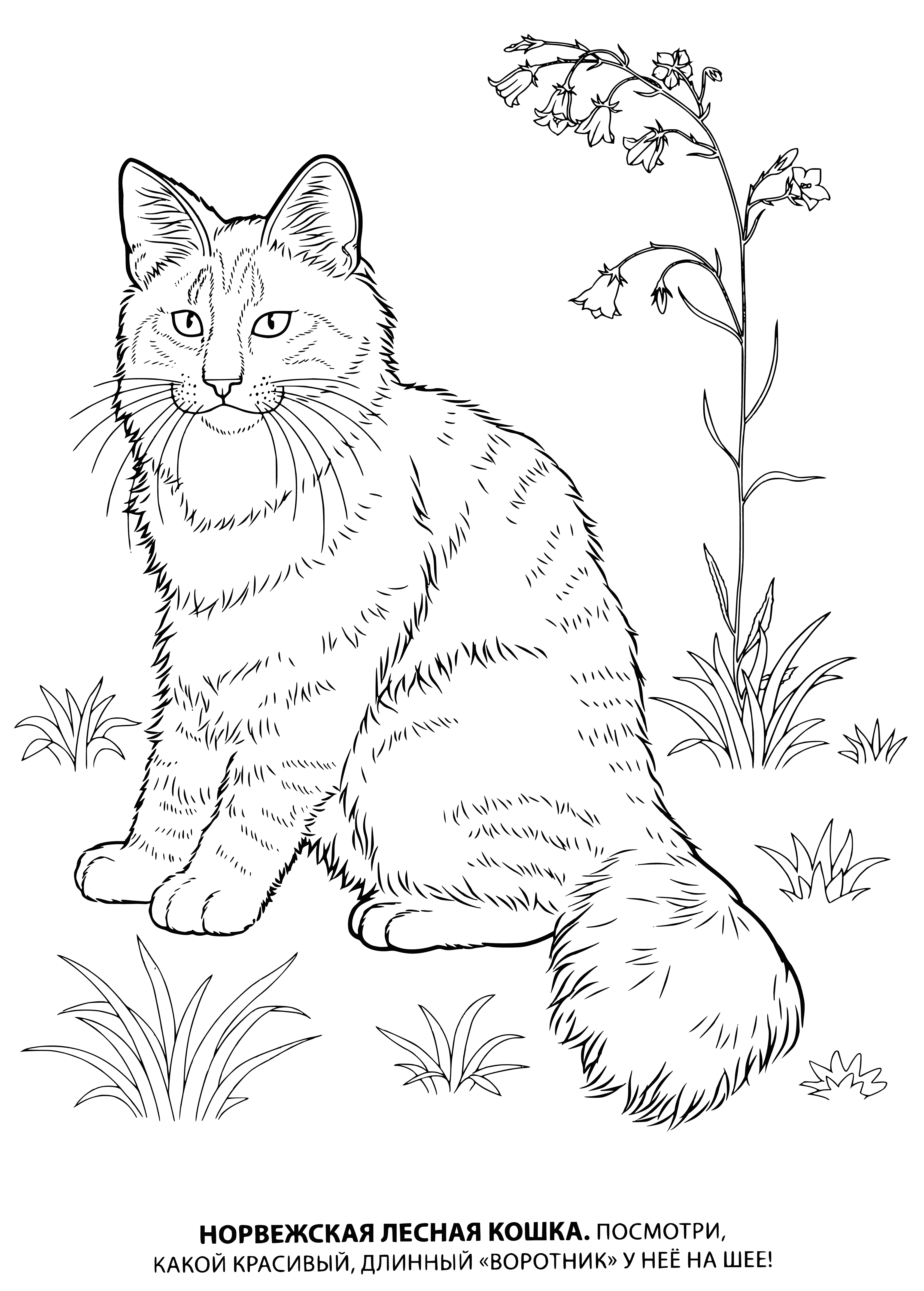 coloring page: Black cat with white paws, pointy ears and fluffy tail looks like it's from Norway.