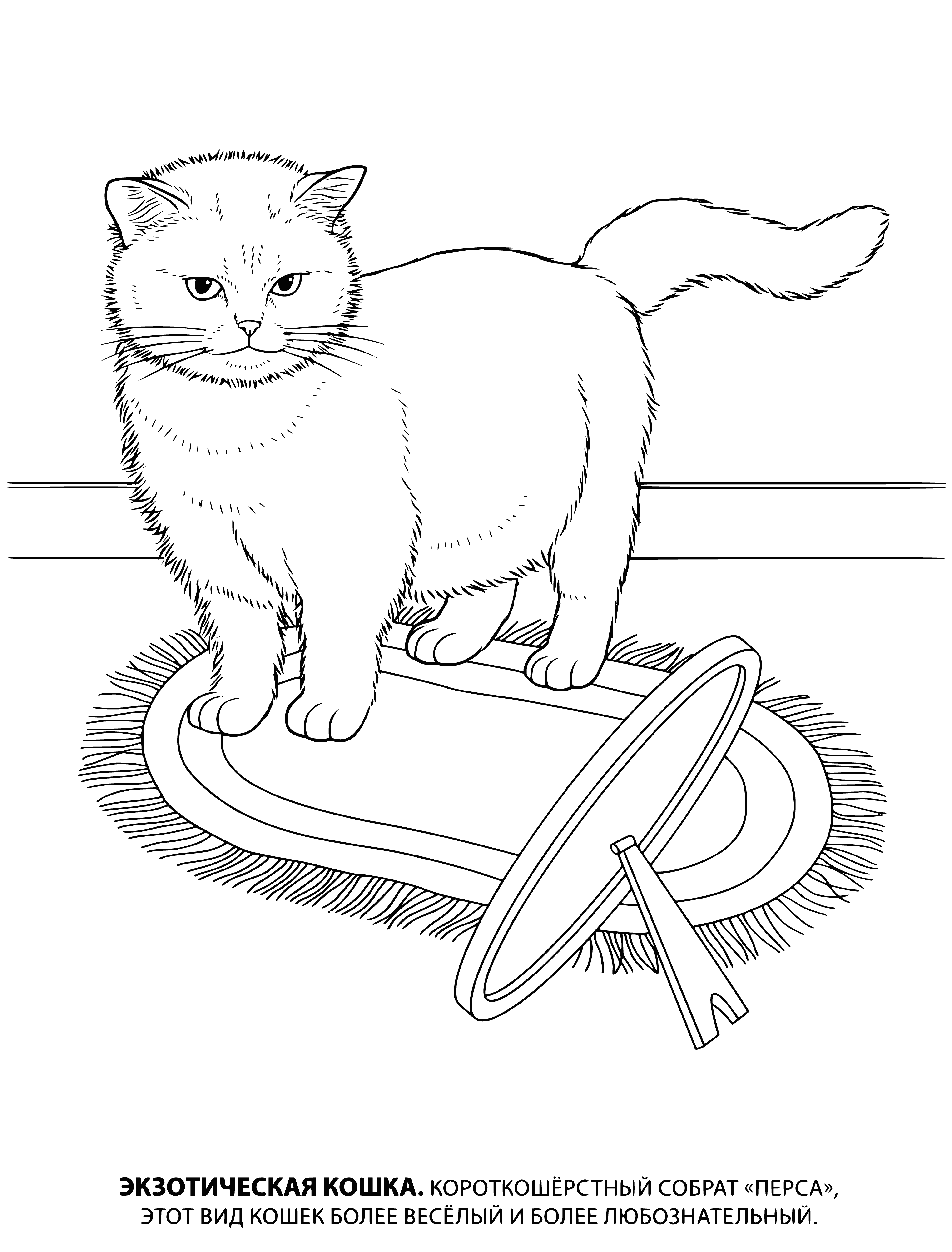 coloring page: Black, brown and white tabby cat with yellow eyes and black ears & nose looks right. Long, black tail with white tip.