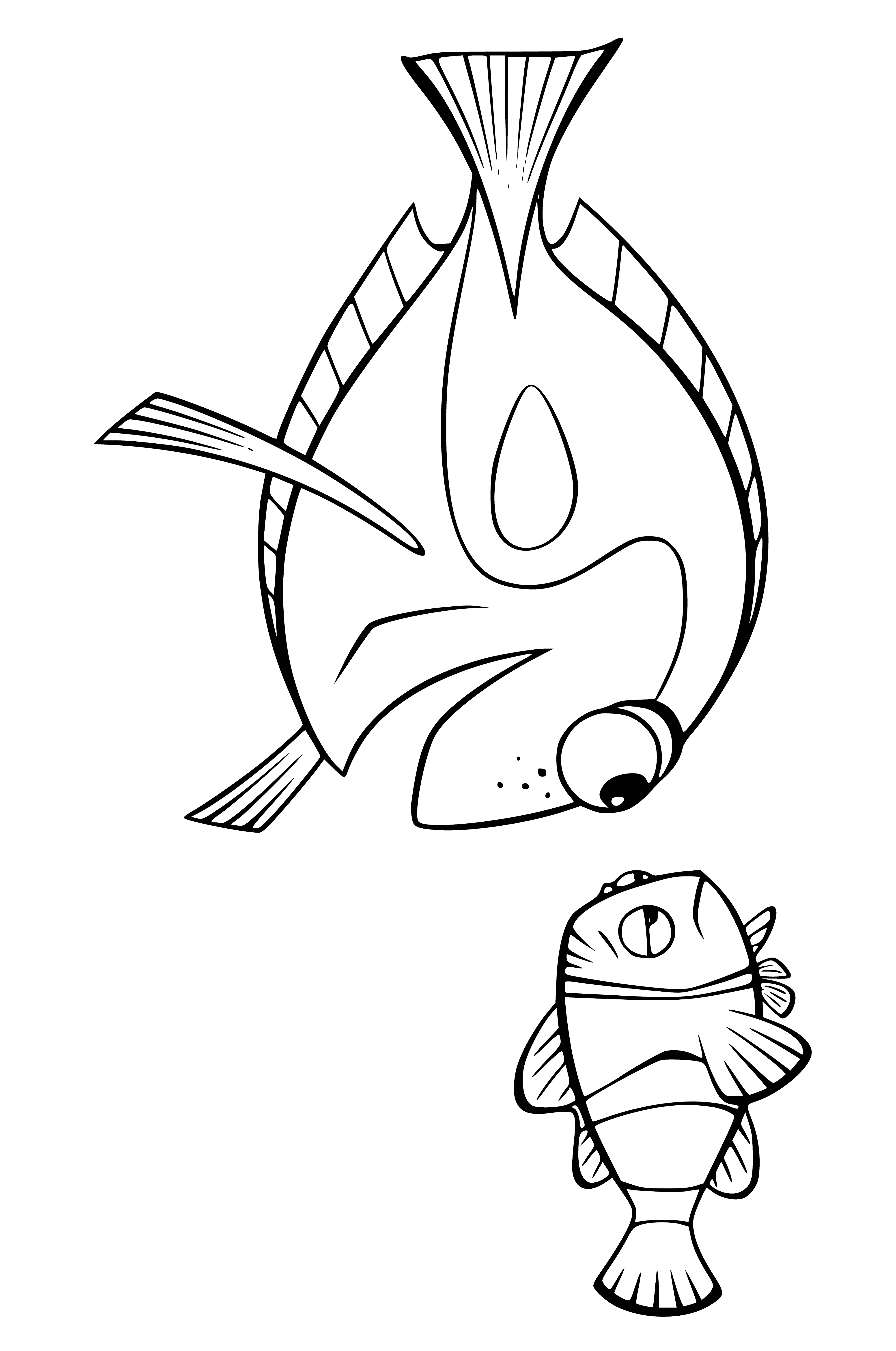 coloring page: Three fish on Finding Nemo coloring page: orange/white stripes, blue/white spots, purple/white spots; left & right w/ open mouths, middle closed.