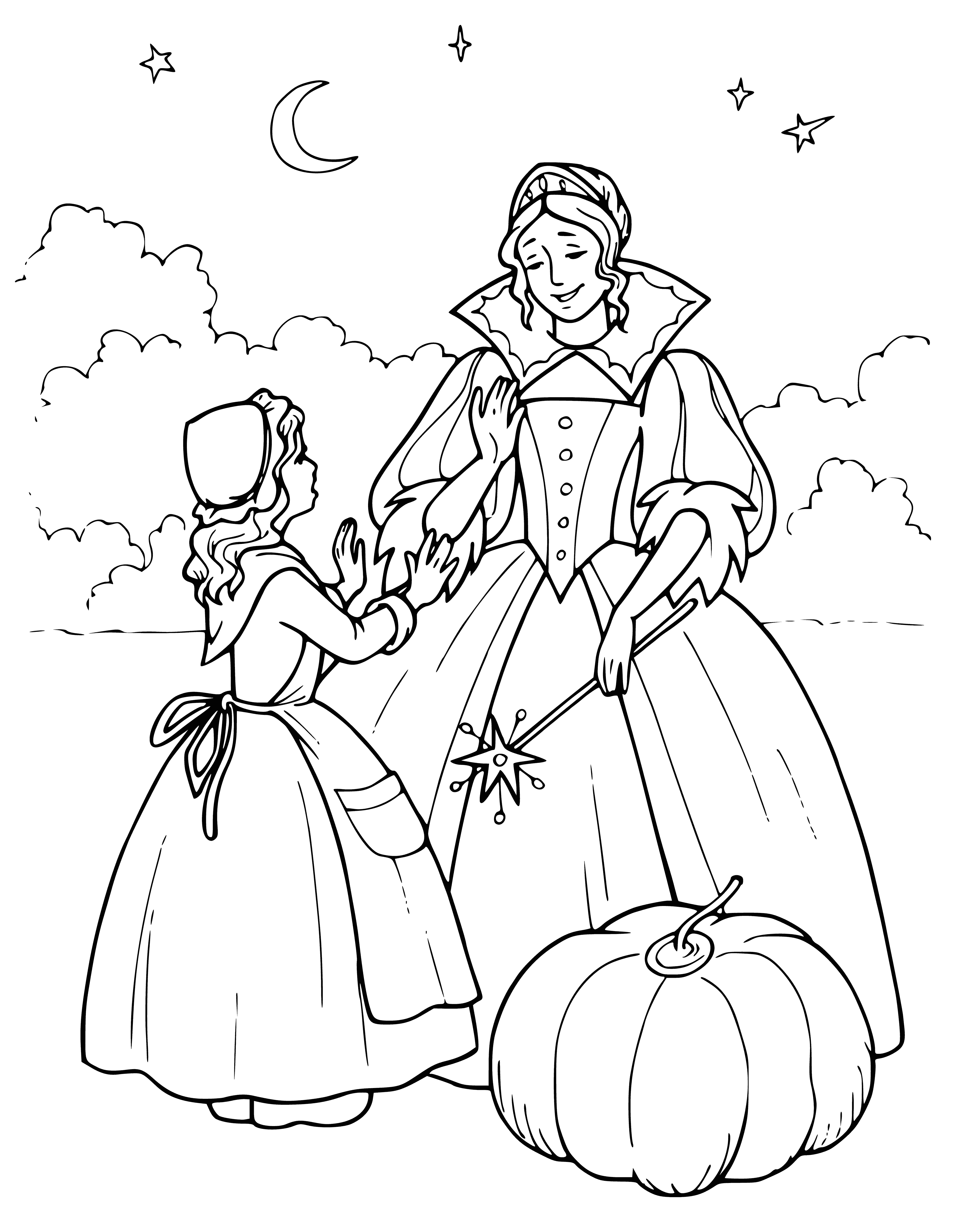 coloring page: Woman in blue dress w/ white collar & apron standing in front of fireplace, holding broom & petting black cat.