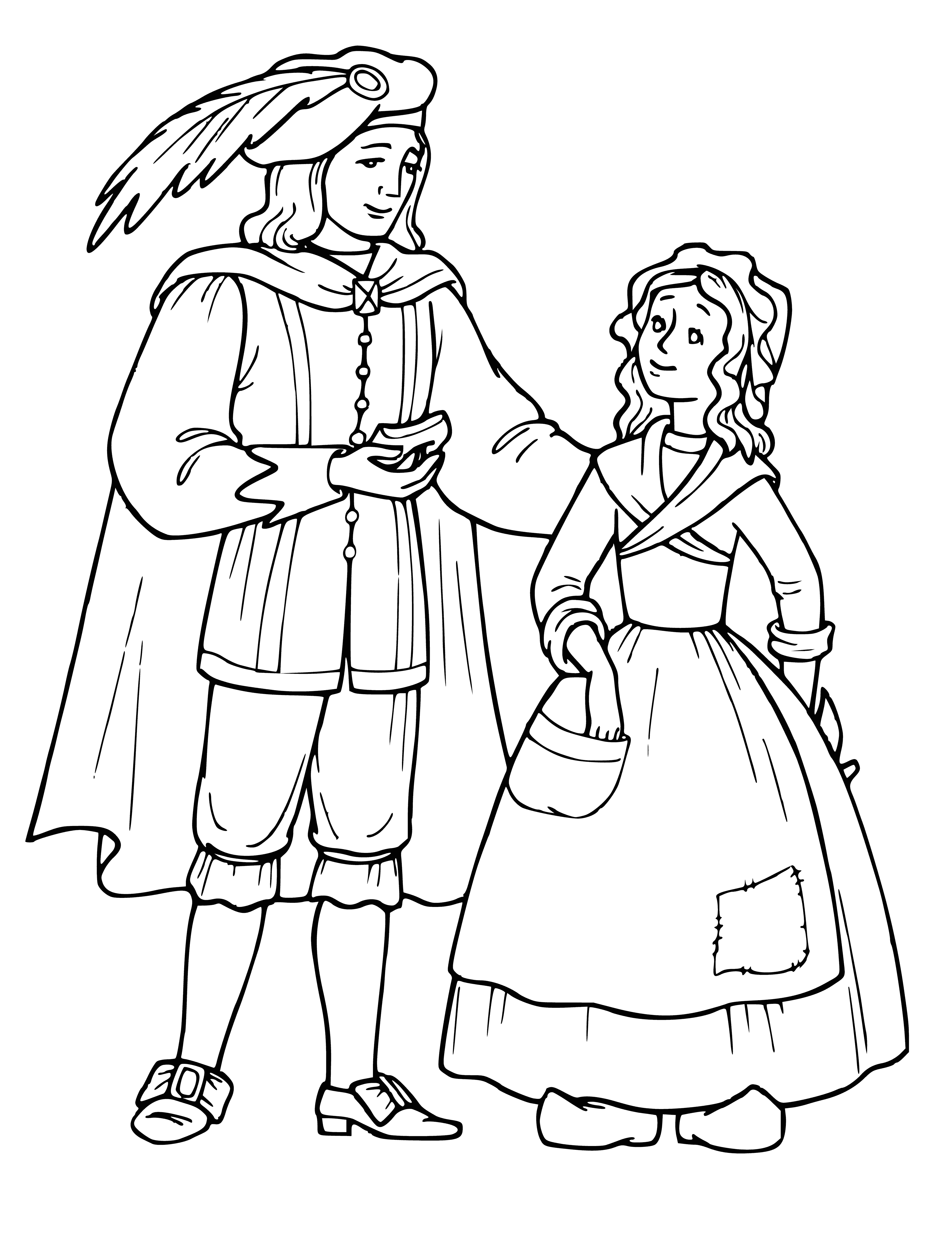 coloring page: Cinderella is a beautiful young woman standing before a majestic castle that her admirers admire. She sports a pink dress, white apron, and black spot on her cheek.