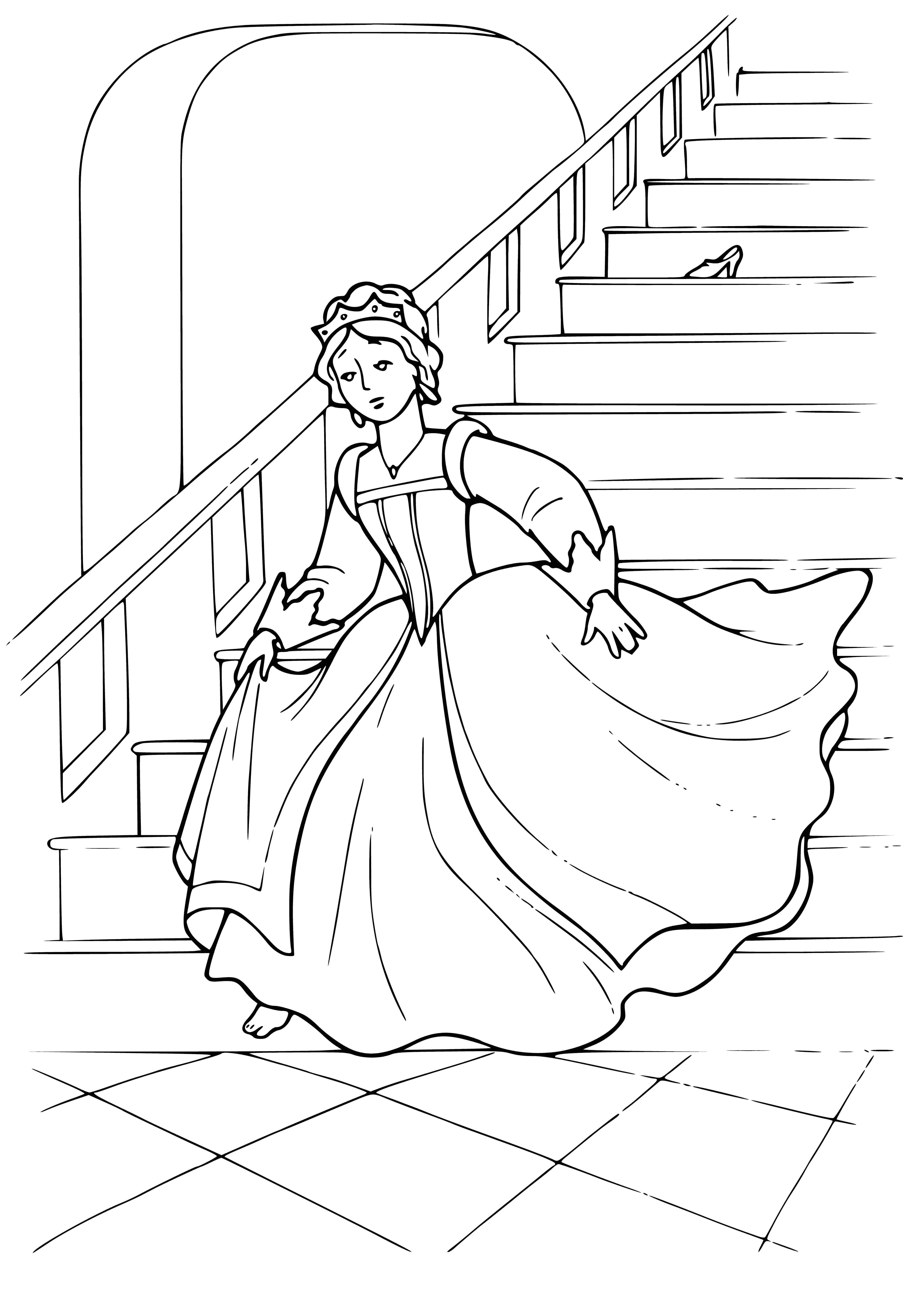 coloring page: Glass slipper on floor is small, delicate with pointed toe - made for child or young woman.