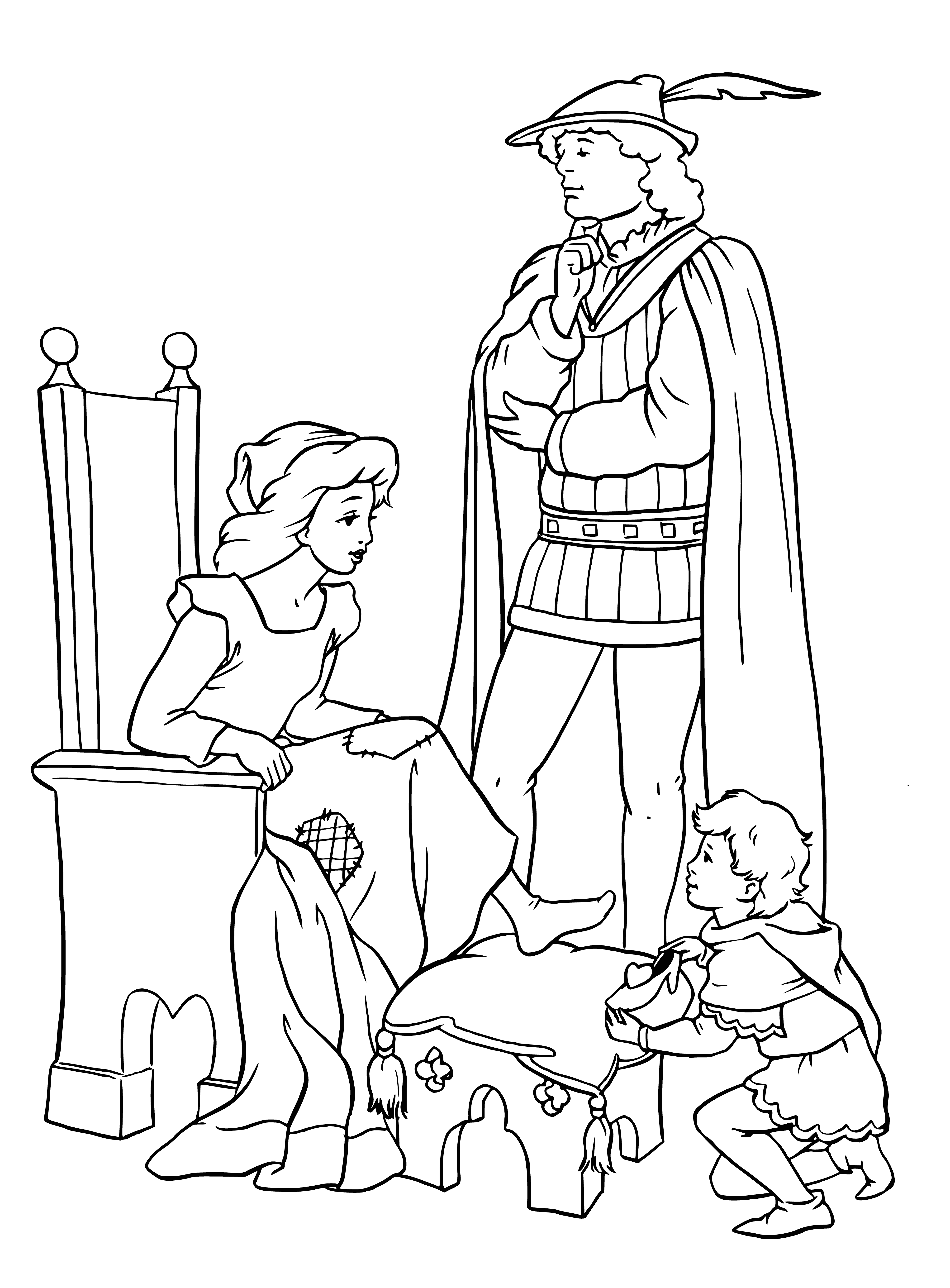 coloring page: Beautiful woman adorned w/ white dress, blue sash & bow, trying on glass slipper while holding a stethoscope, anxious expression on her face.