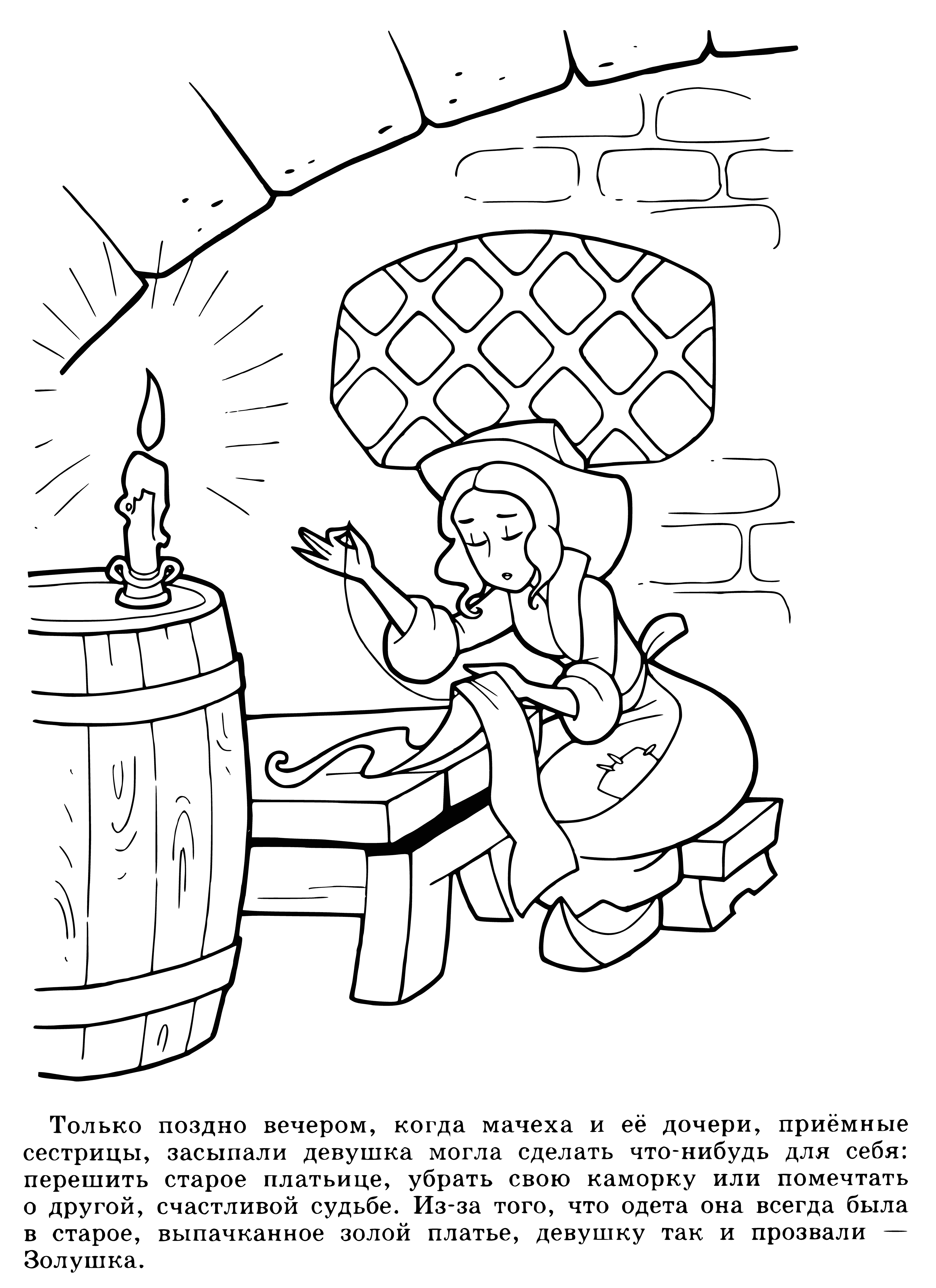 coloring page: Cinderella is a French fairy tale of kindness, hope and a magical makeover, leading to a happy ending with her beloved prince.