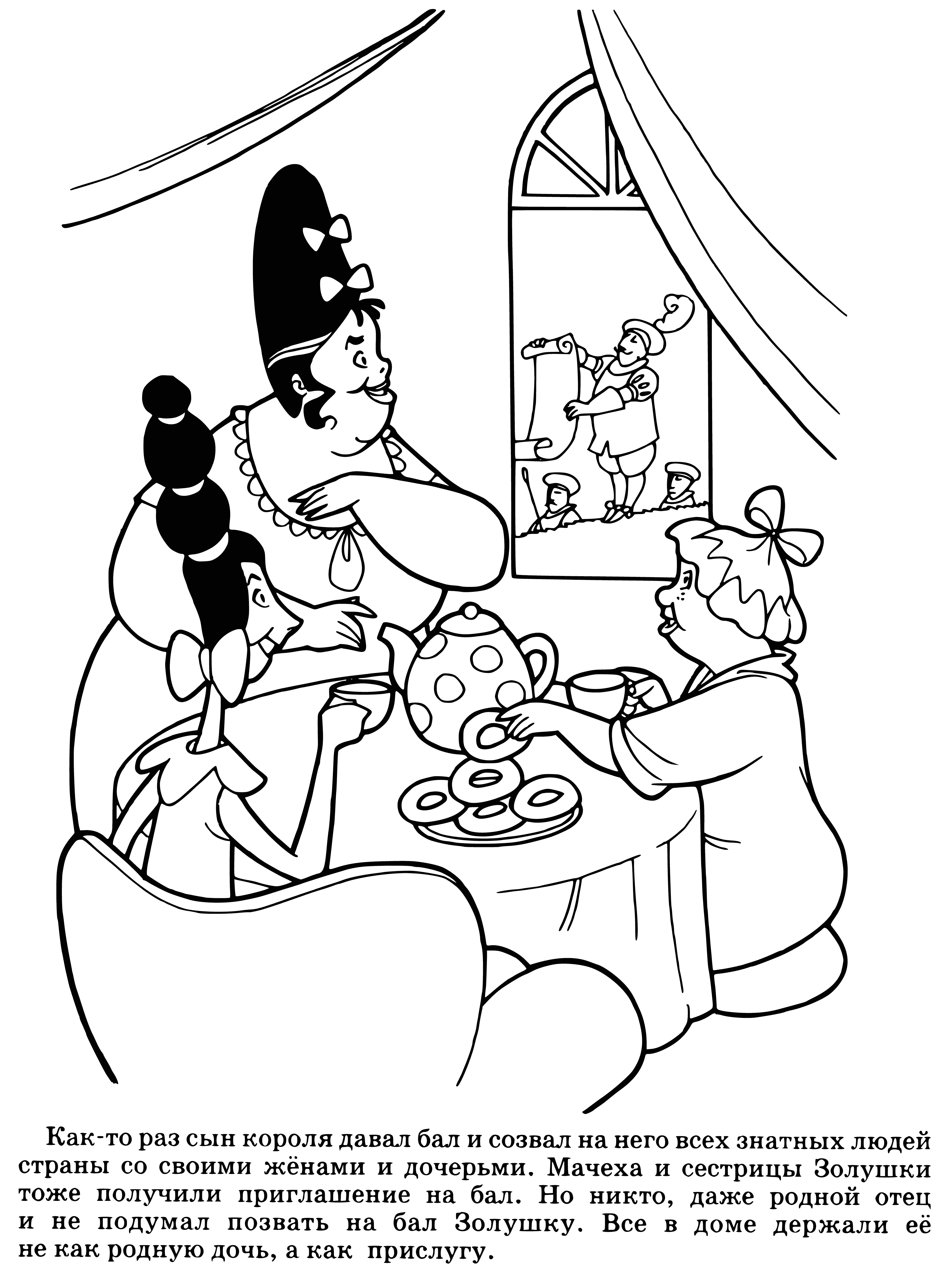 coloring page: He won't attend the ball, she pleads to him but he's insistent he won't go; crystal ball separating them as her plea goes unheeded.