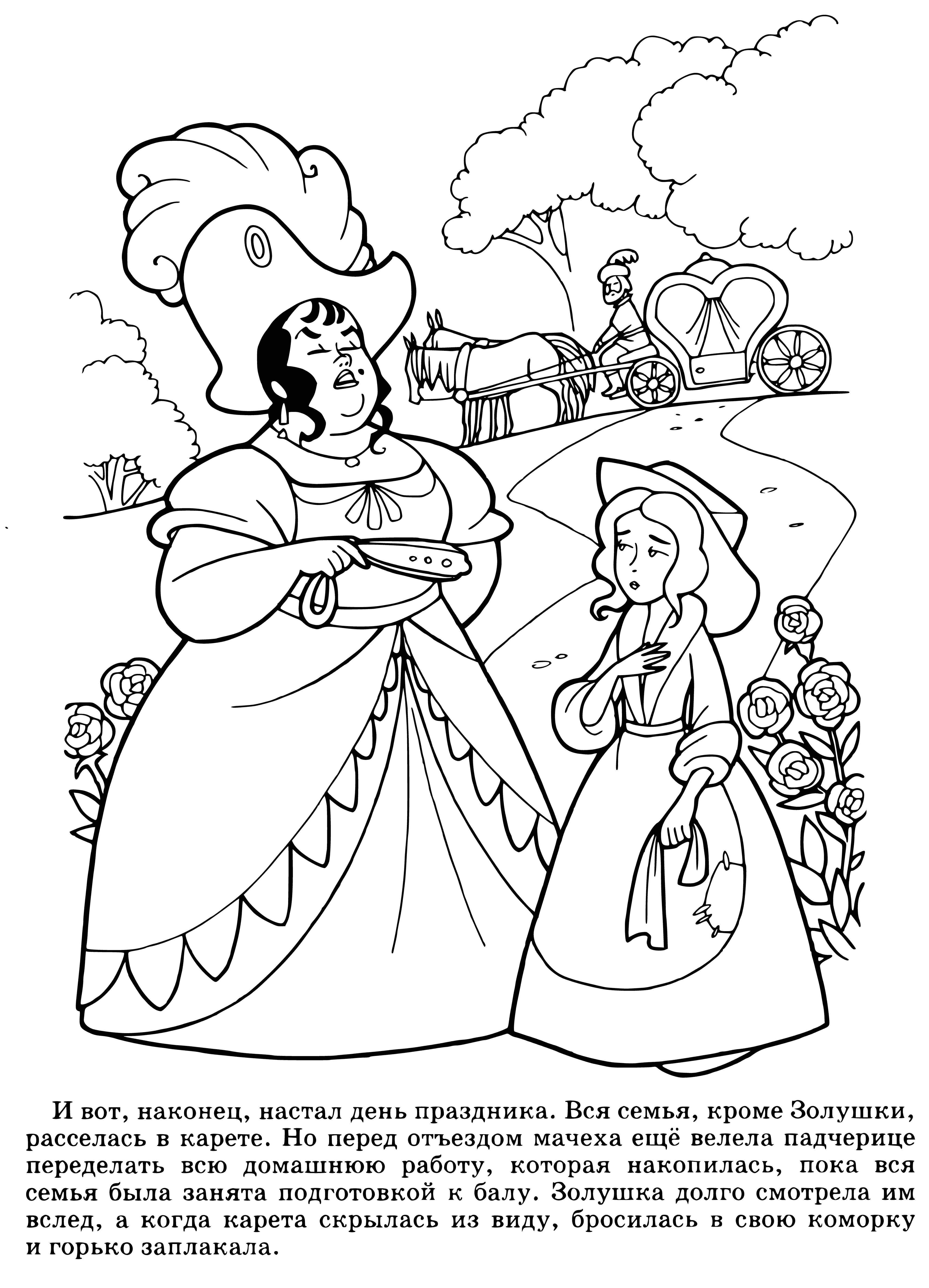 coloring page: Two women and a baby in a room with a fireplace and tea set, chatting. #FairyTales #Perrault
