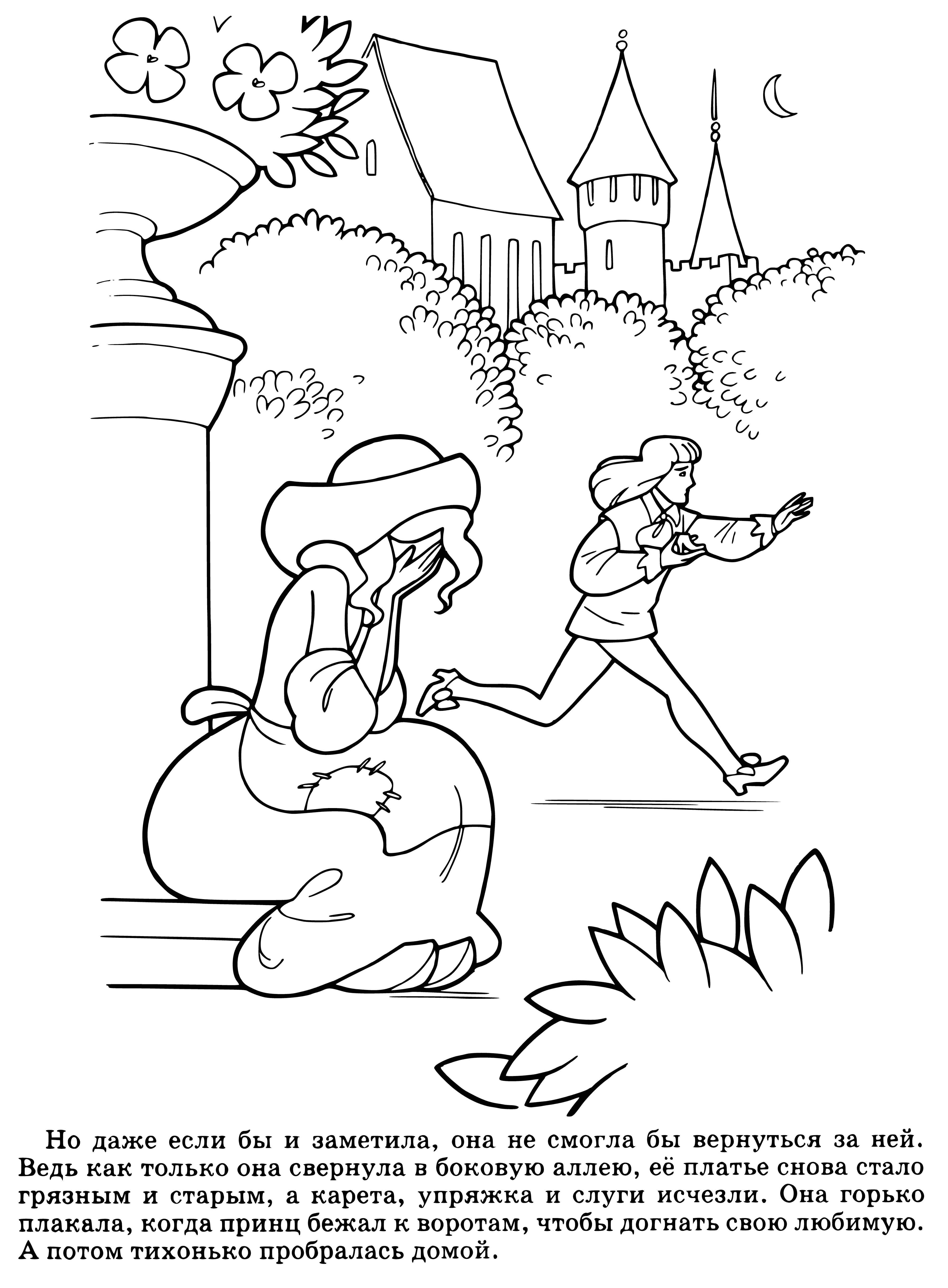coloring page: Cinderella hysterically cries as her stepmother & stepsisters watch amusement.