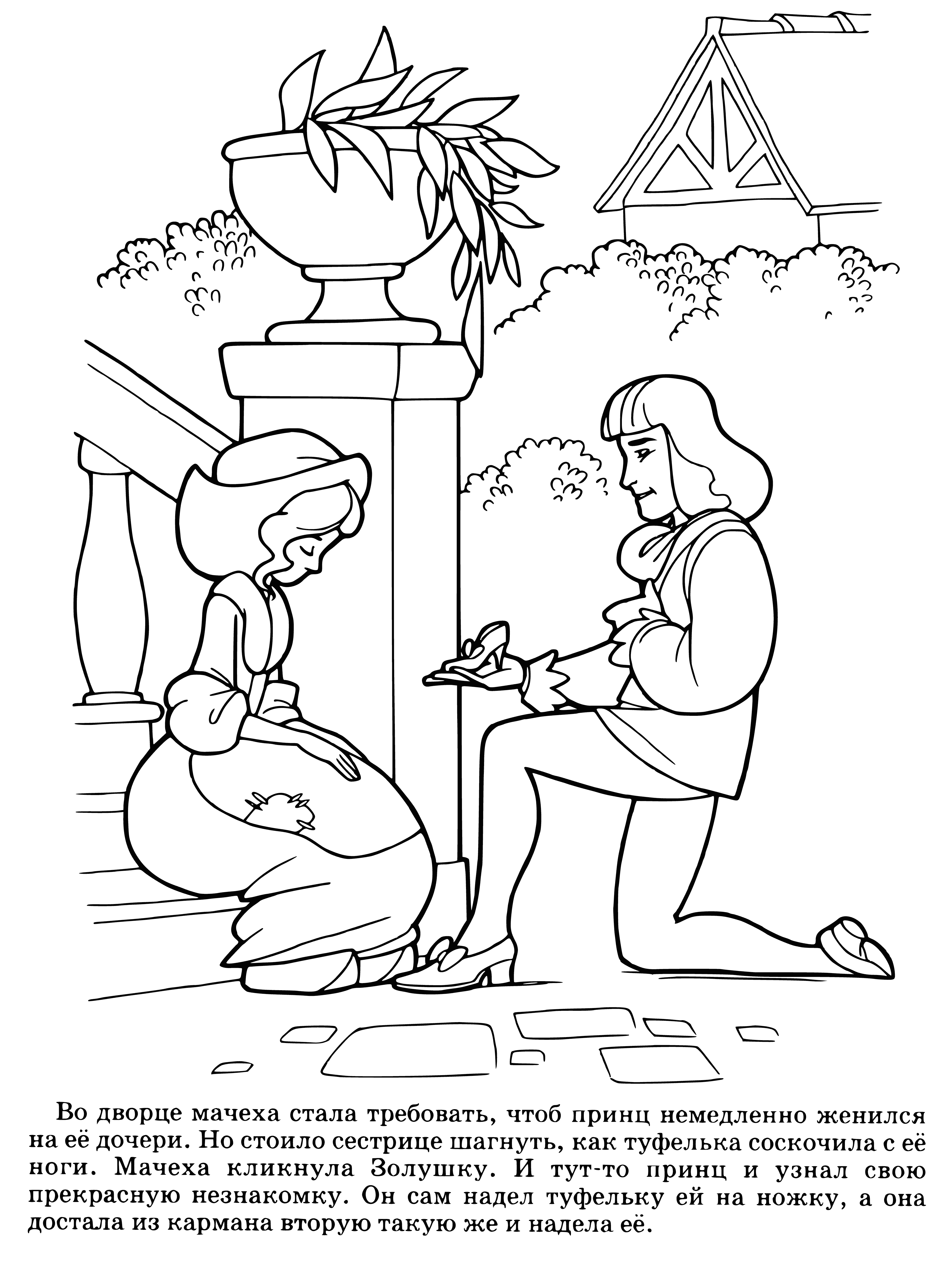 coloring page: Two mice flanking a glass slipper on rose bed; one with spindle, the other with a needle. A perfect fairytale scene!