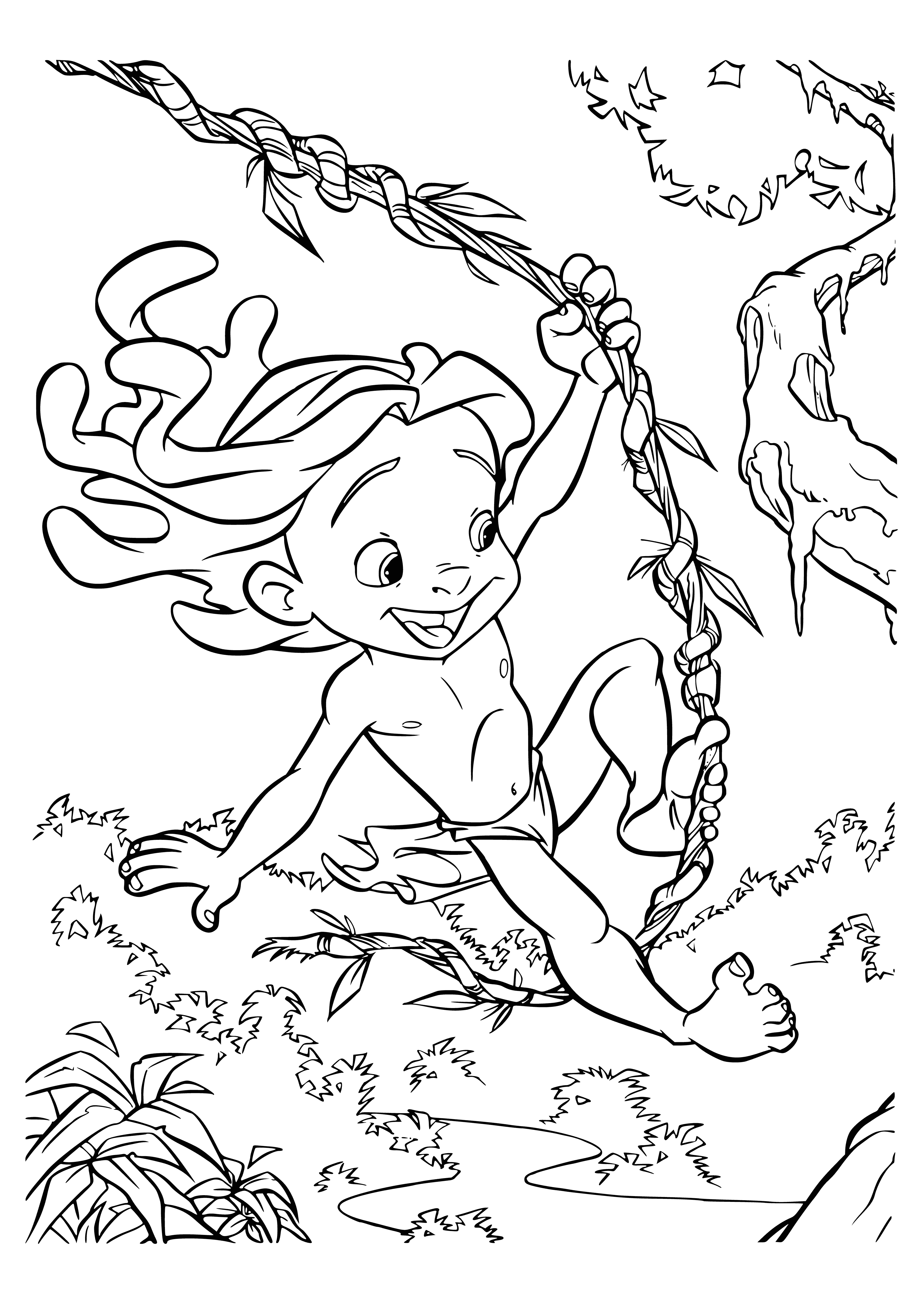 coloring page: Tarzan is depicted swinging on a vine with a toned, muscular physique, blond hair flowing in the wind, and a carefree smile.
