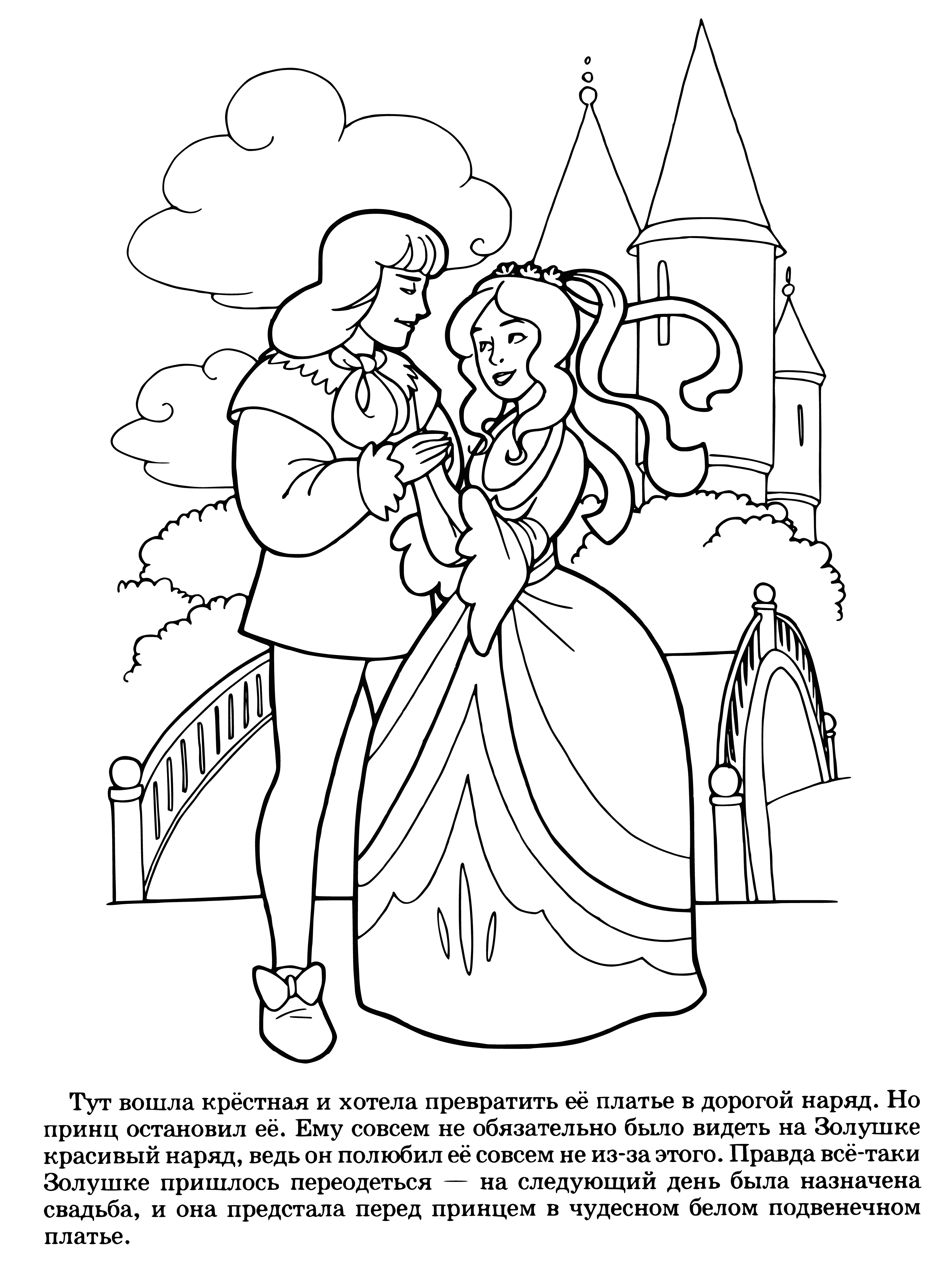 coloring page: Cinderella in beautiful wedding dress, surrounded by unhappy step-sisters, holding bouquet of flowers and castle in background.