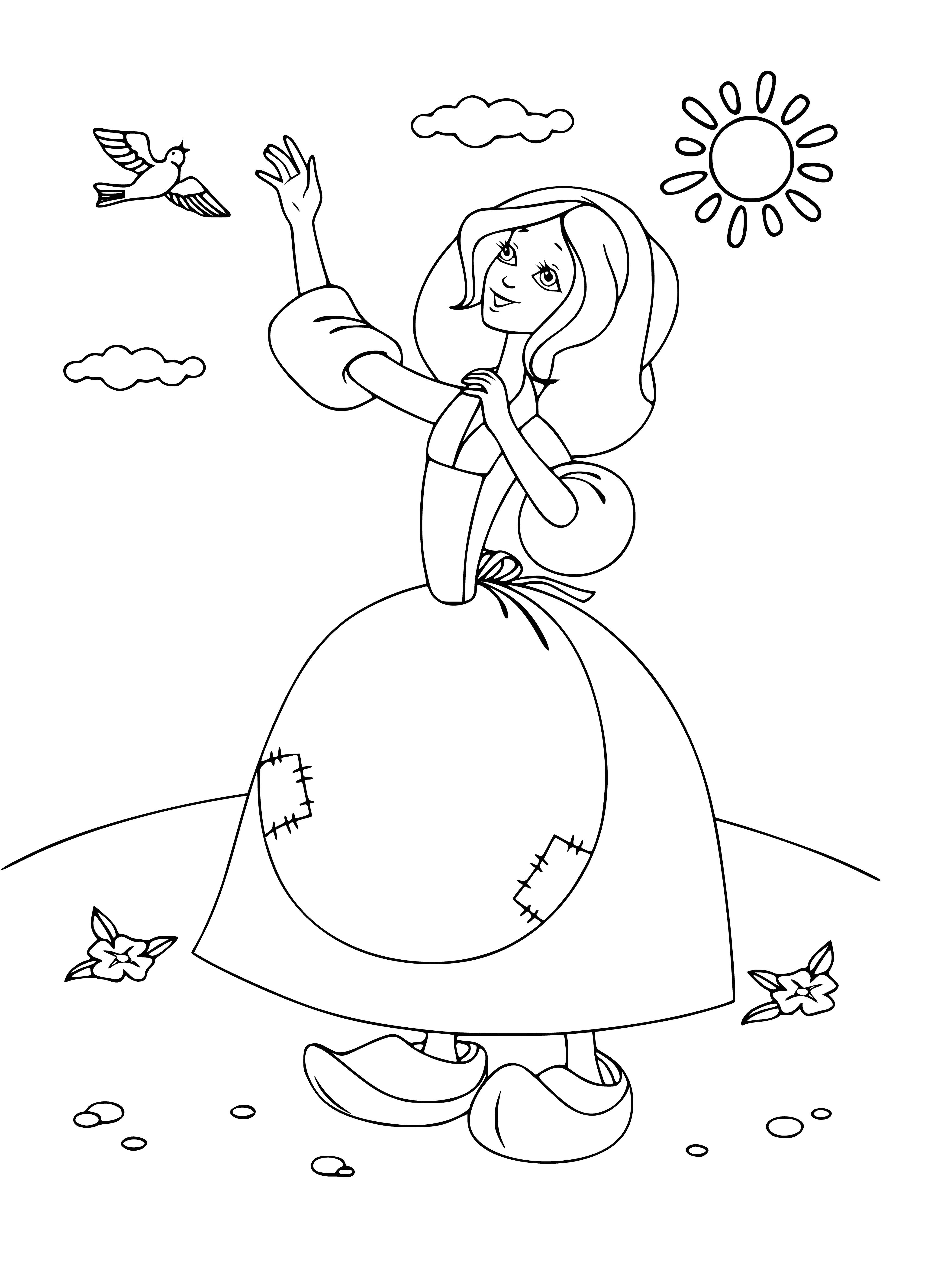 coloring page: Cinderella rejoices in nature's beauty with bare feet & wind-blown hair, beaming a carefree happiness.
