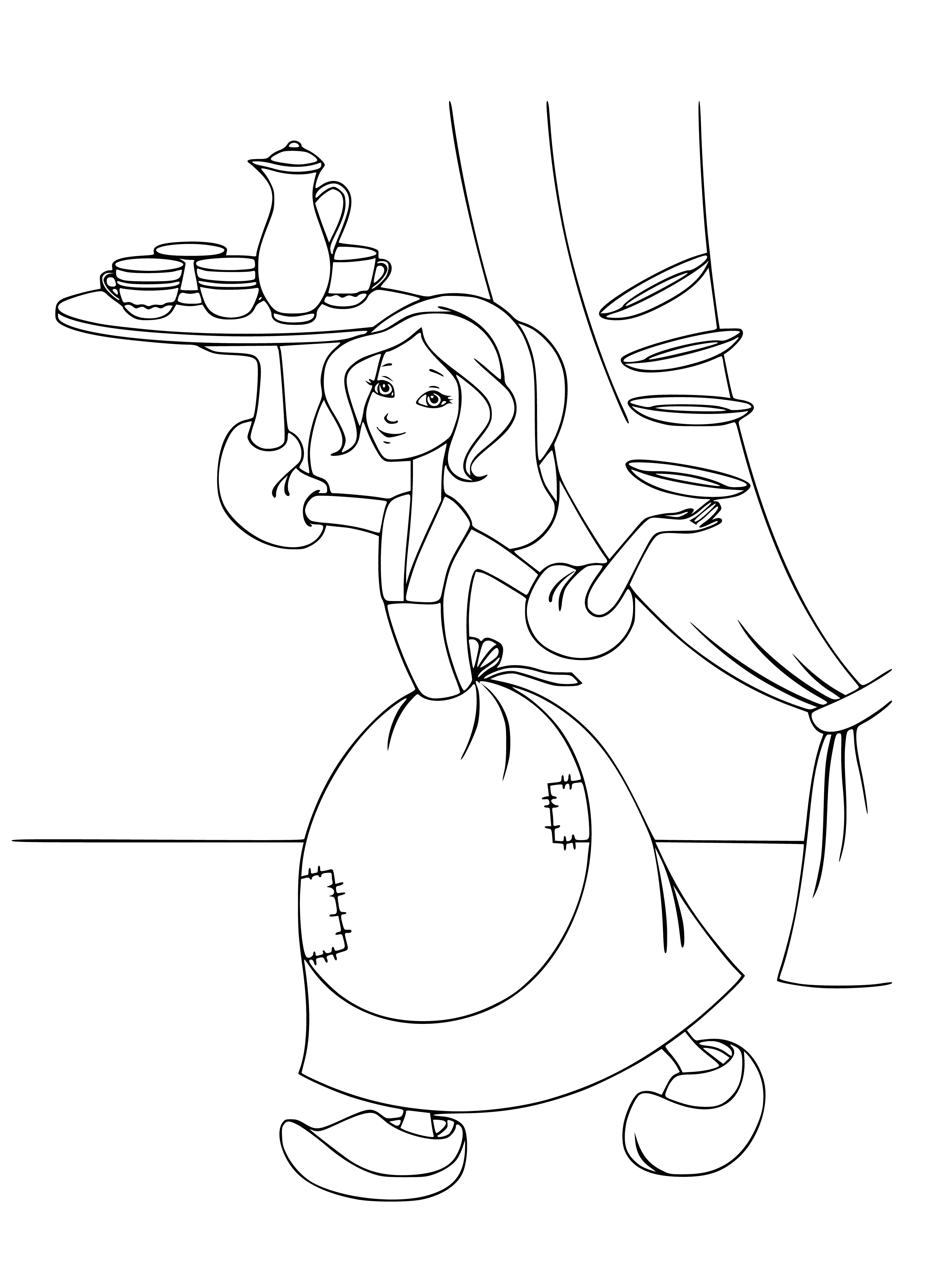 coloring page: Cinderella eats while standing at a table with 3 plates of food, a glass of water & a fork in her right hand.