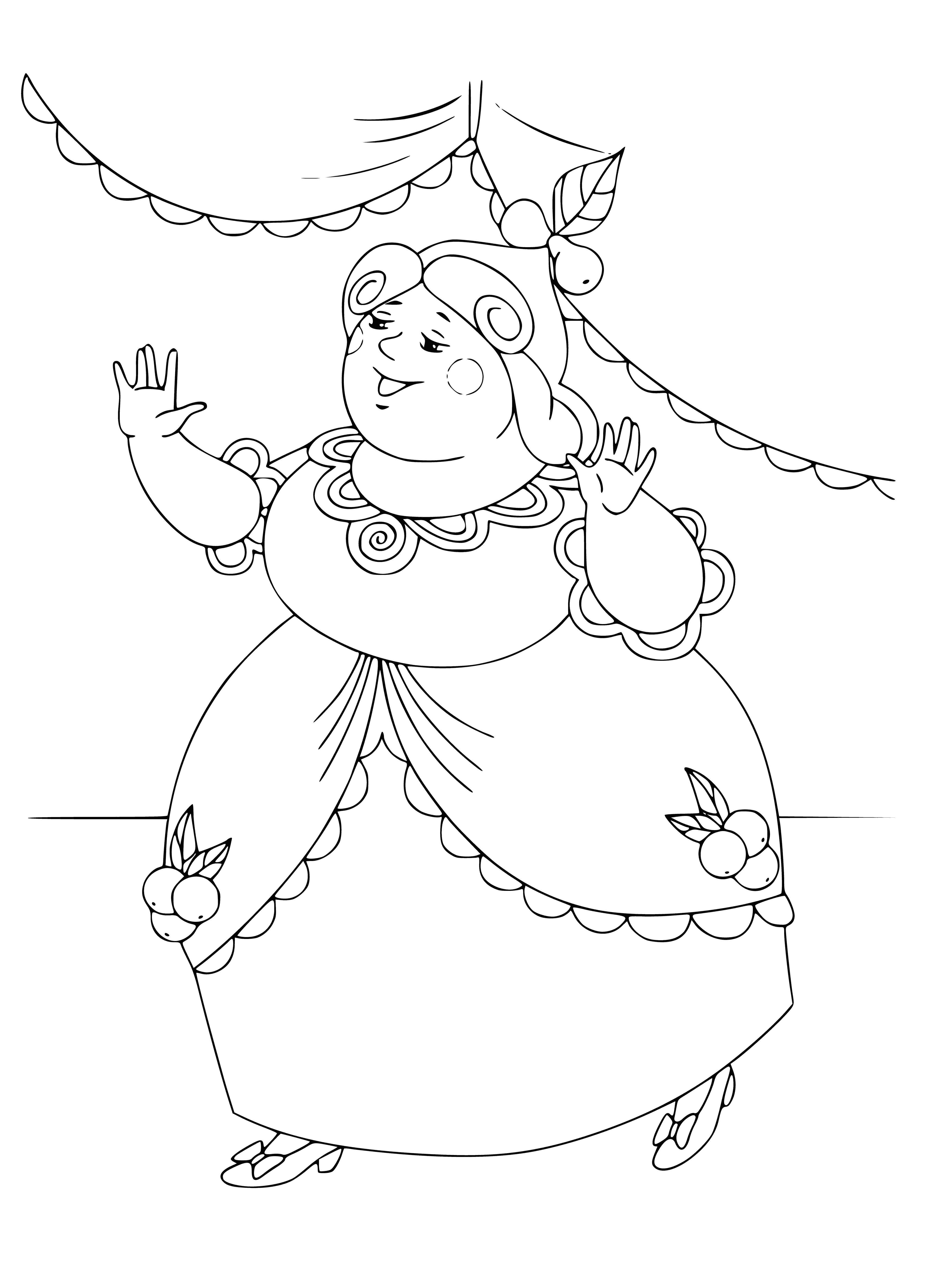 coloring page: Cinderella's stepsister has a torn dress, messy hair, and a black eye, suggesting she's been in a fight.