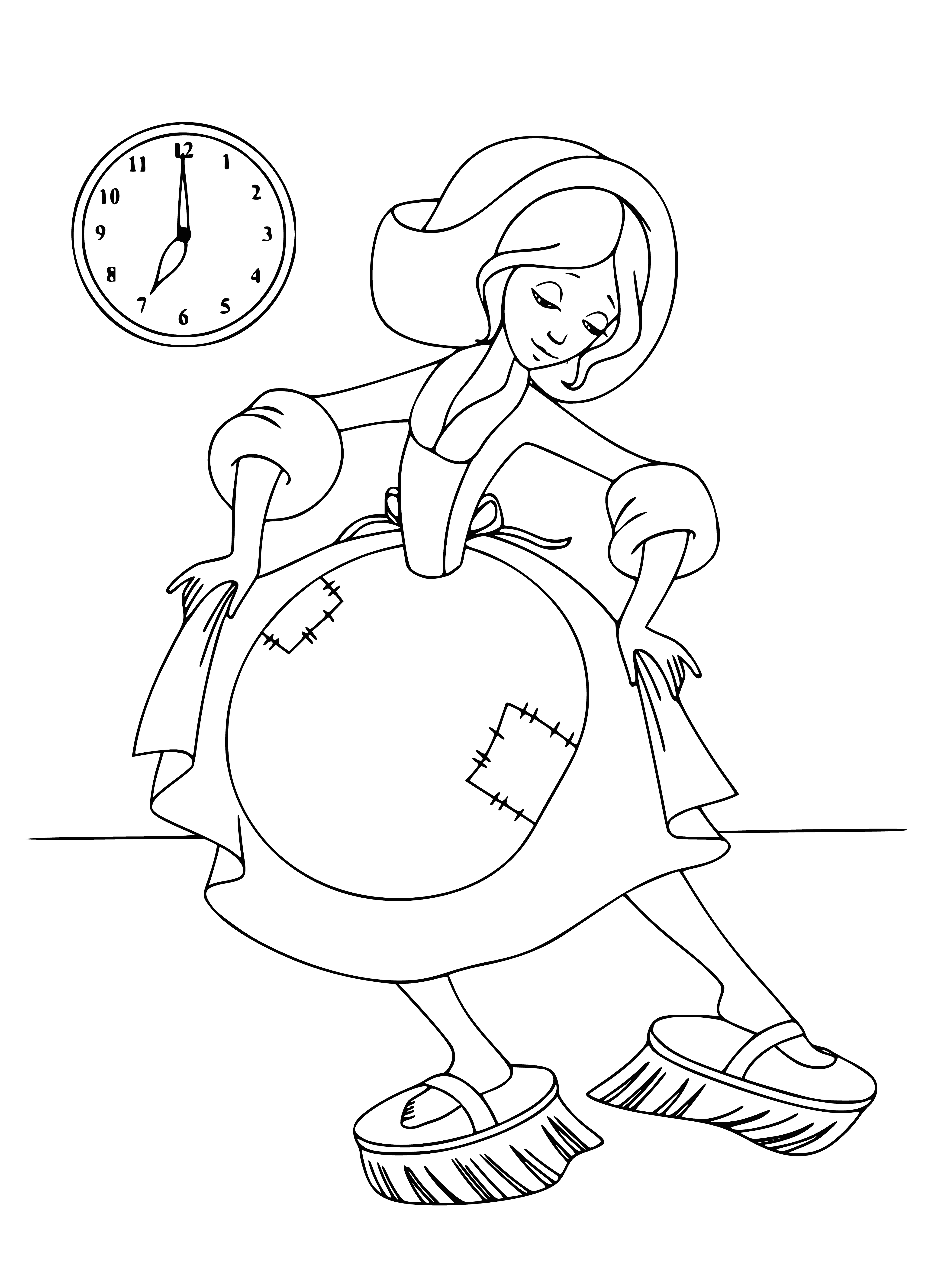 coloring page: Cinderella is mopping the floor in a blue dress, exhausted from the hard work. Her arms are moving frantically with a bucket of water nearby.