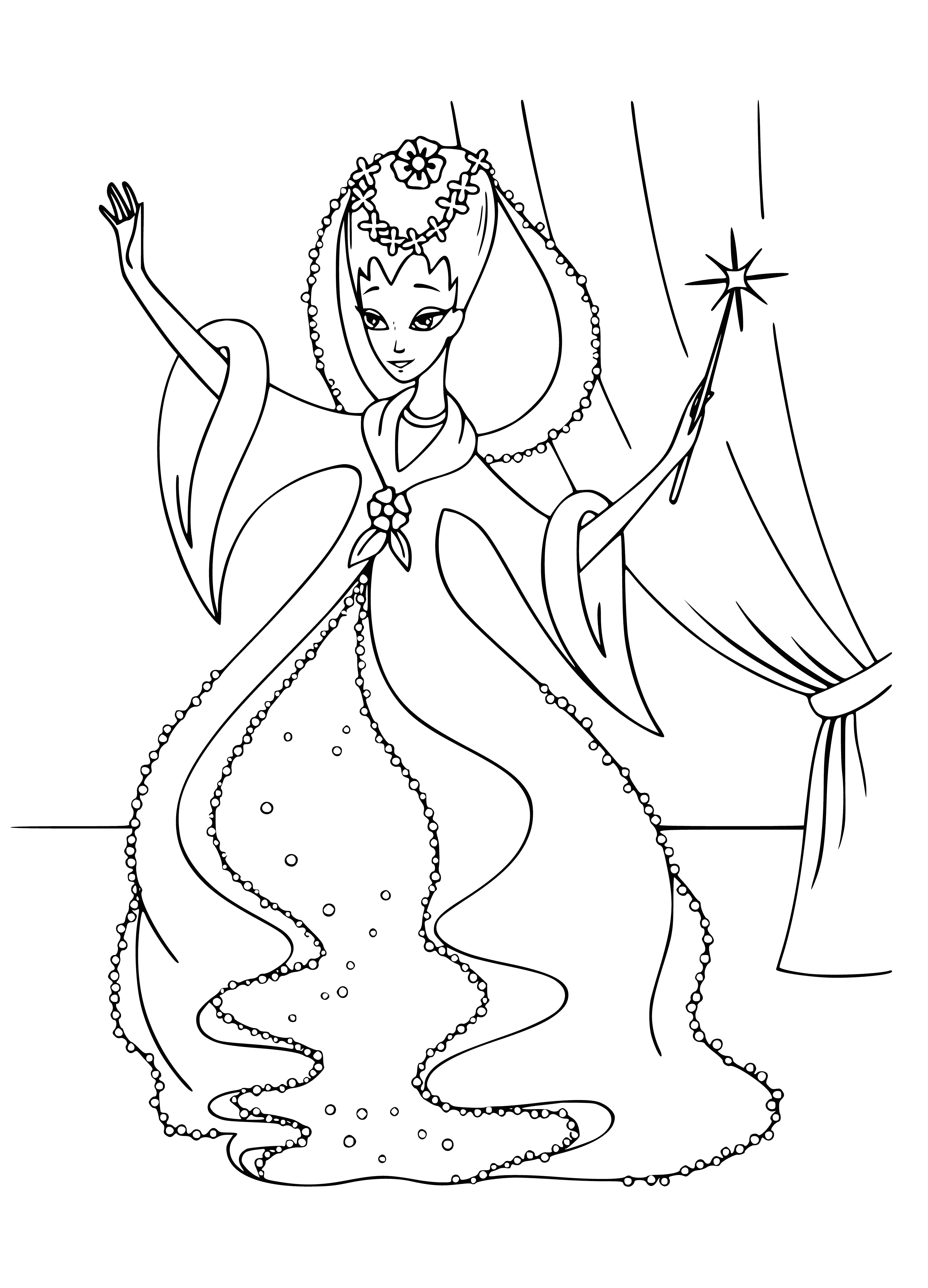 coloring page: Fairy Godmother is a magical being who grants Cinderella's wish to go to the ball. She is kind and wise, wearing a white dress and holding a wand.