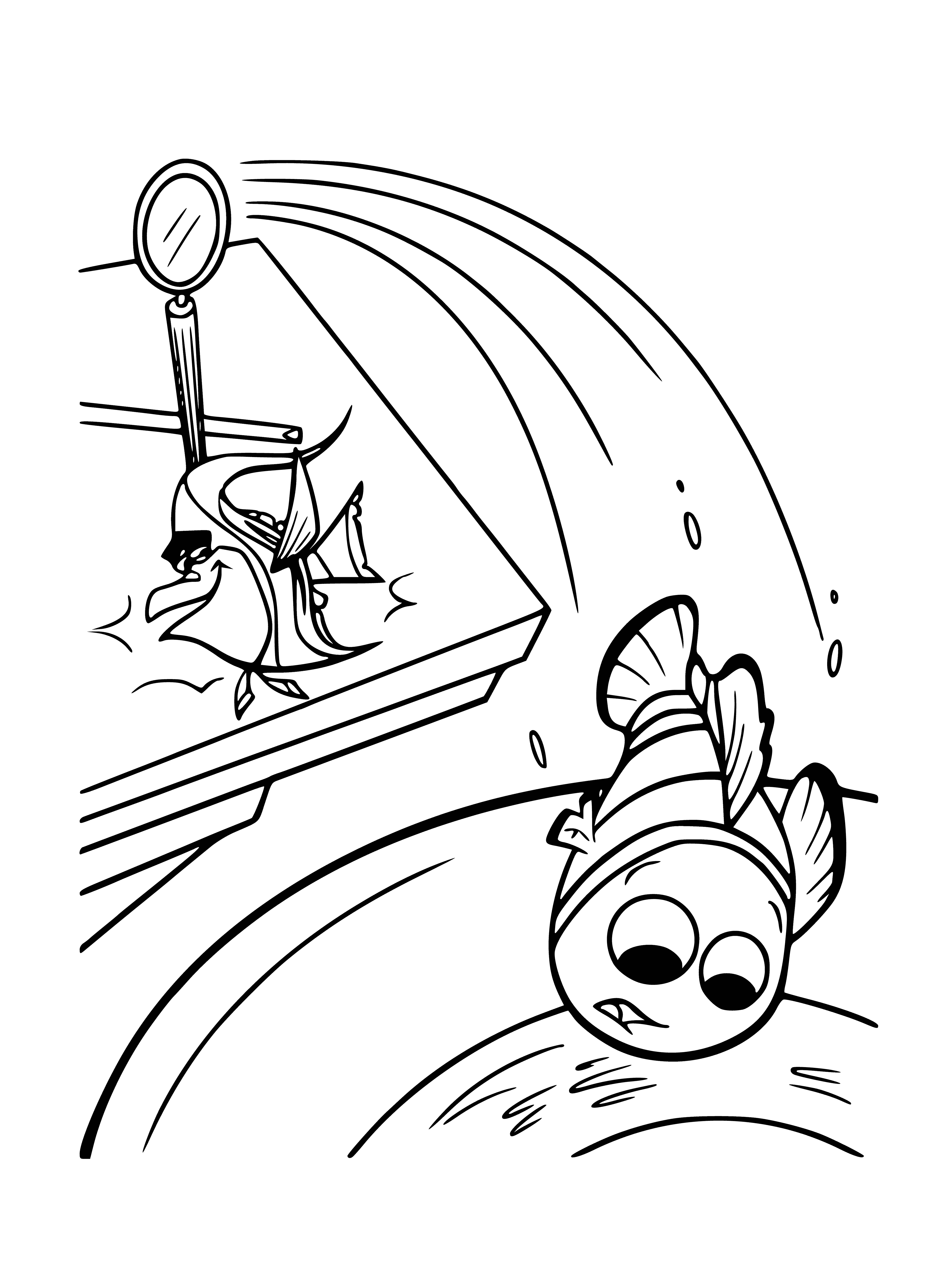 coloring page: Nemo & friends hold on to a drain ledge as water swirls around them. #FindingNemo