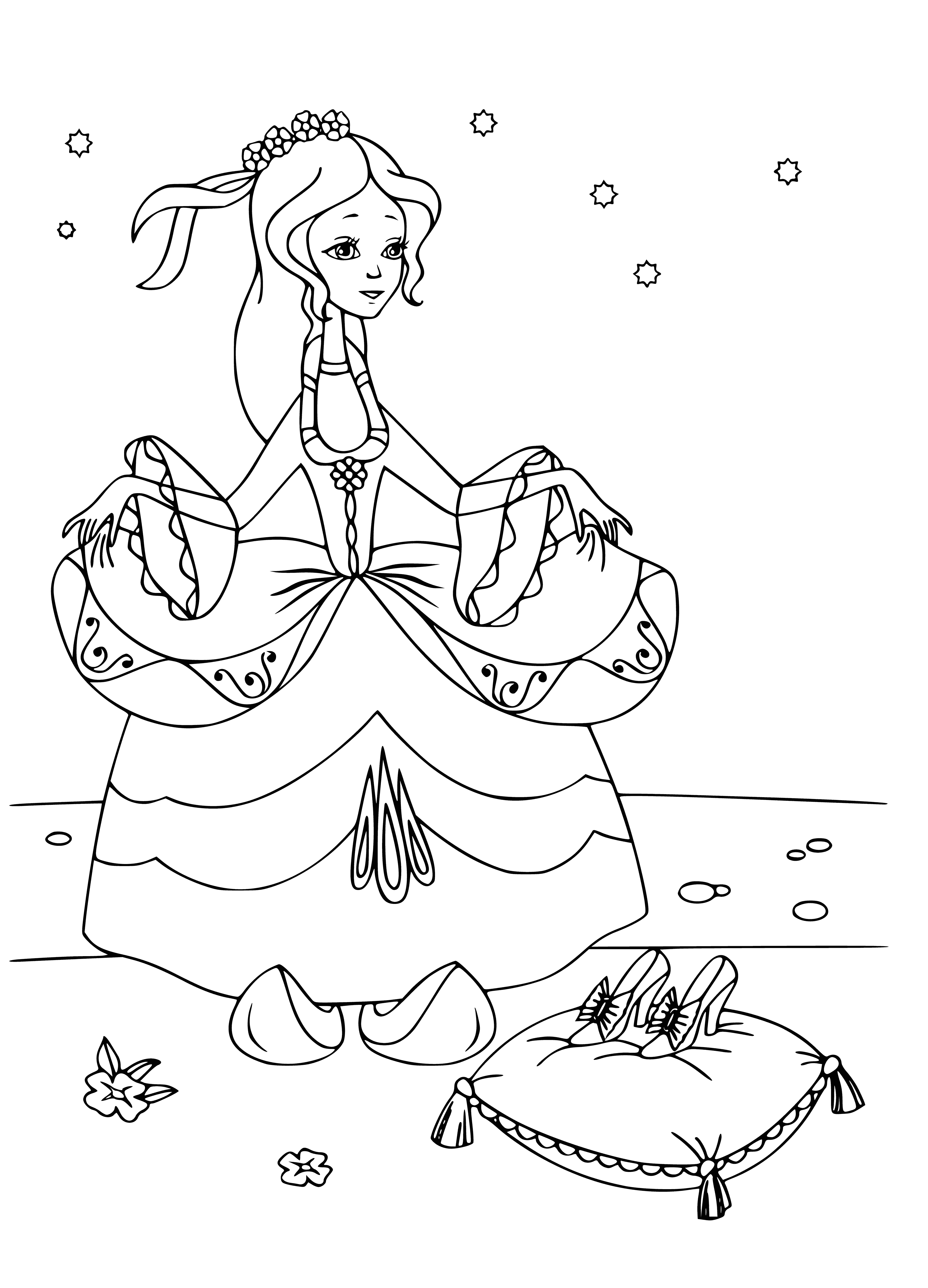 coloring page: Cinderella shines in a blue dress and glass slippers, with a pretty updo and a fairy godmother in the background. #CinderellaMyth