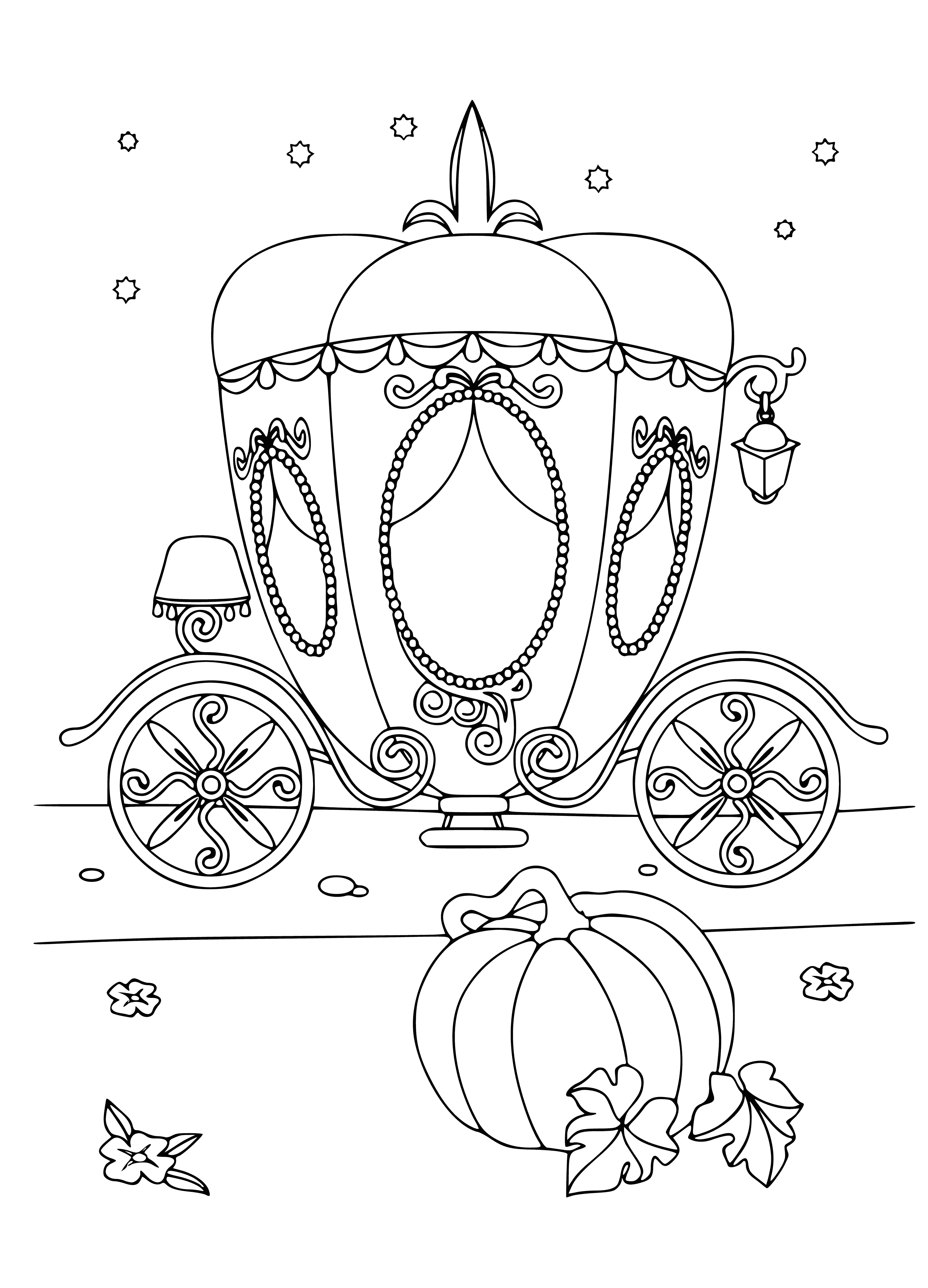 coloring page: Princess in pumpkin carriage being pulled by four white horses, wearing white dress and crown. #fairytale