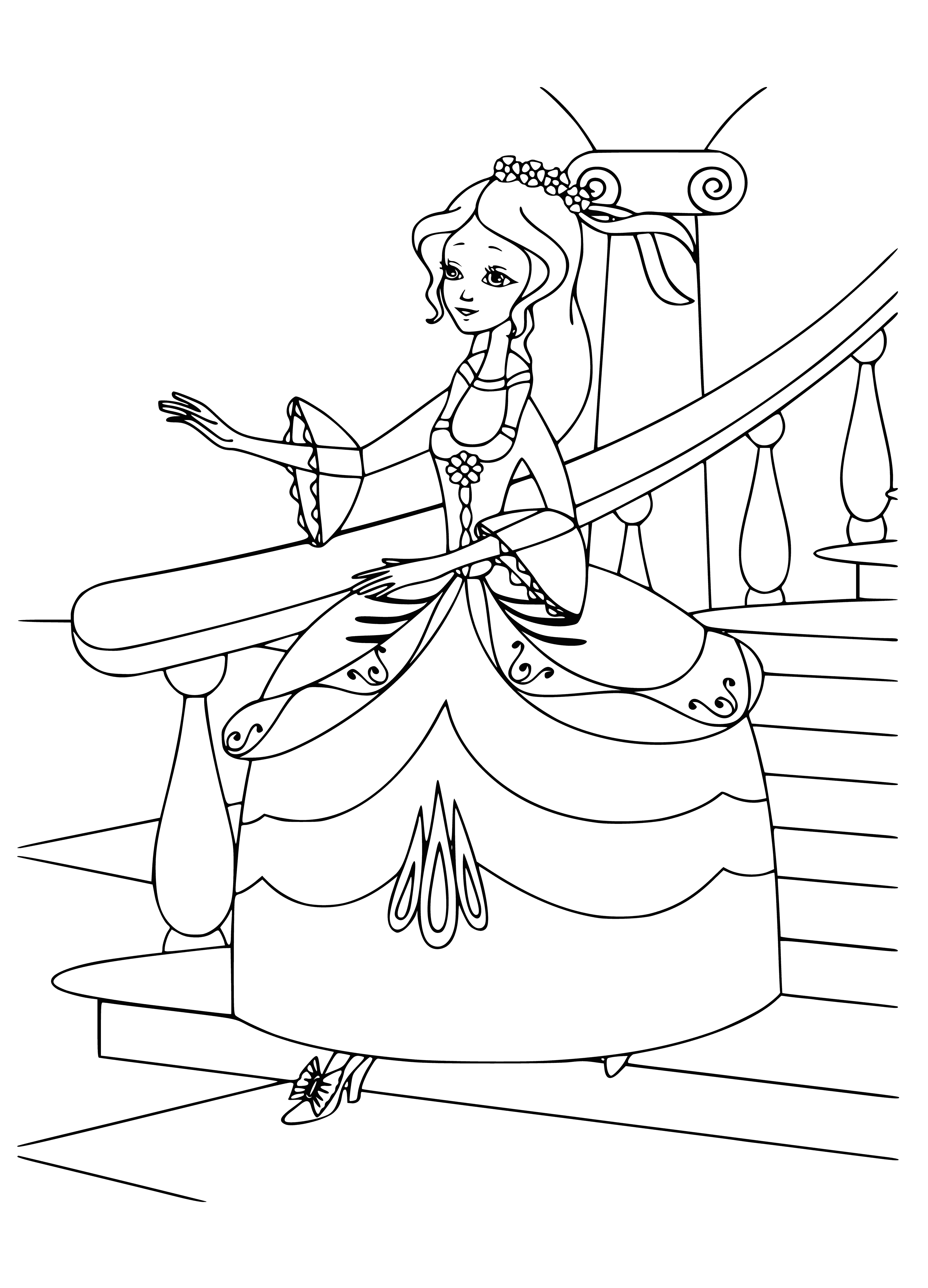 coloring page: Woman stands in ballroom, wearing white dress, blue ribbon & holding glass of water in her left hand. #description