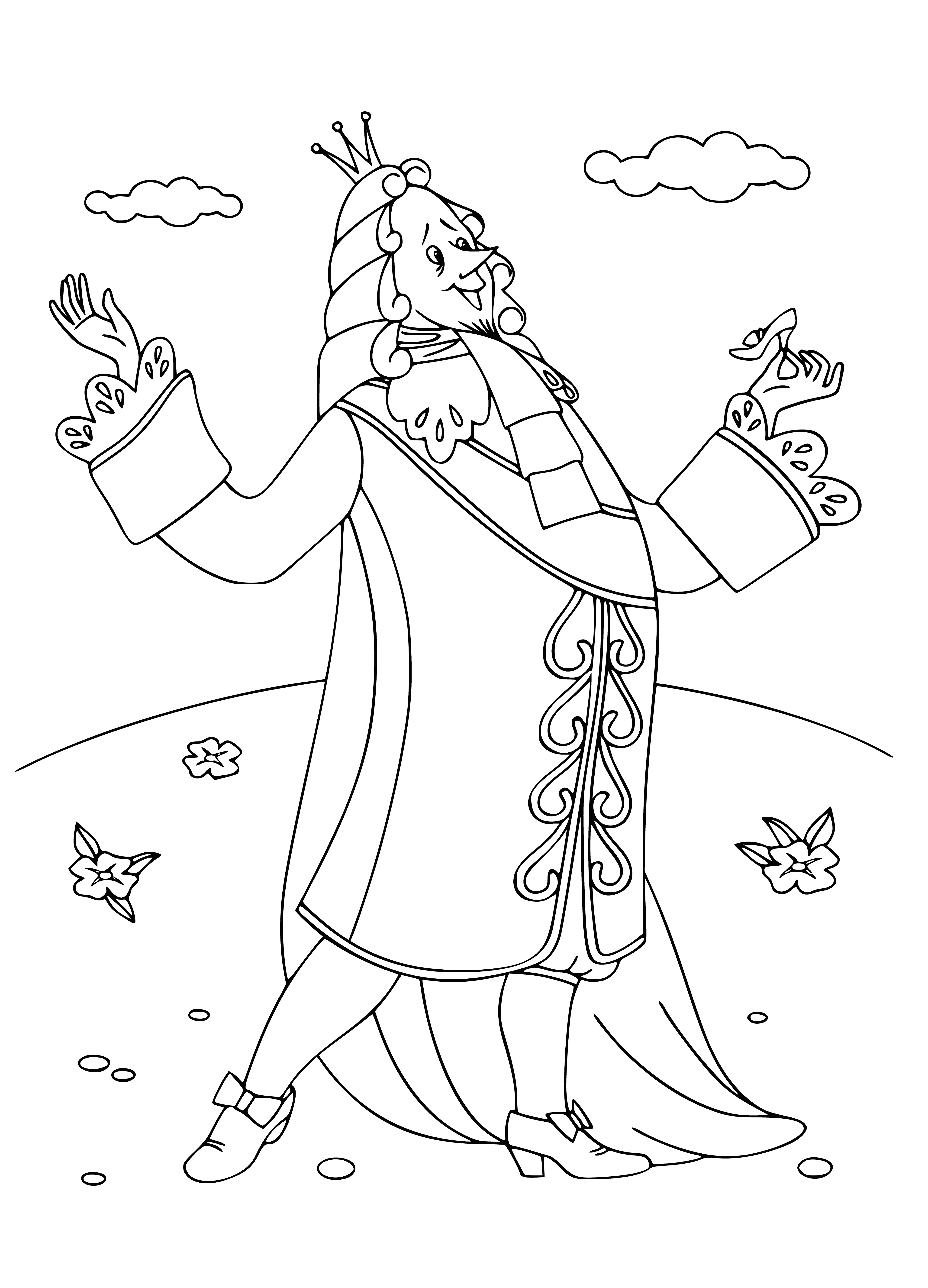 coloring page: The king holds a crystal slipper with wonder, admiring it closely. #fairytale