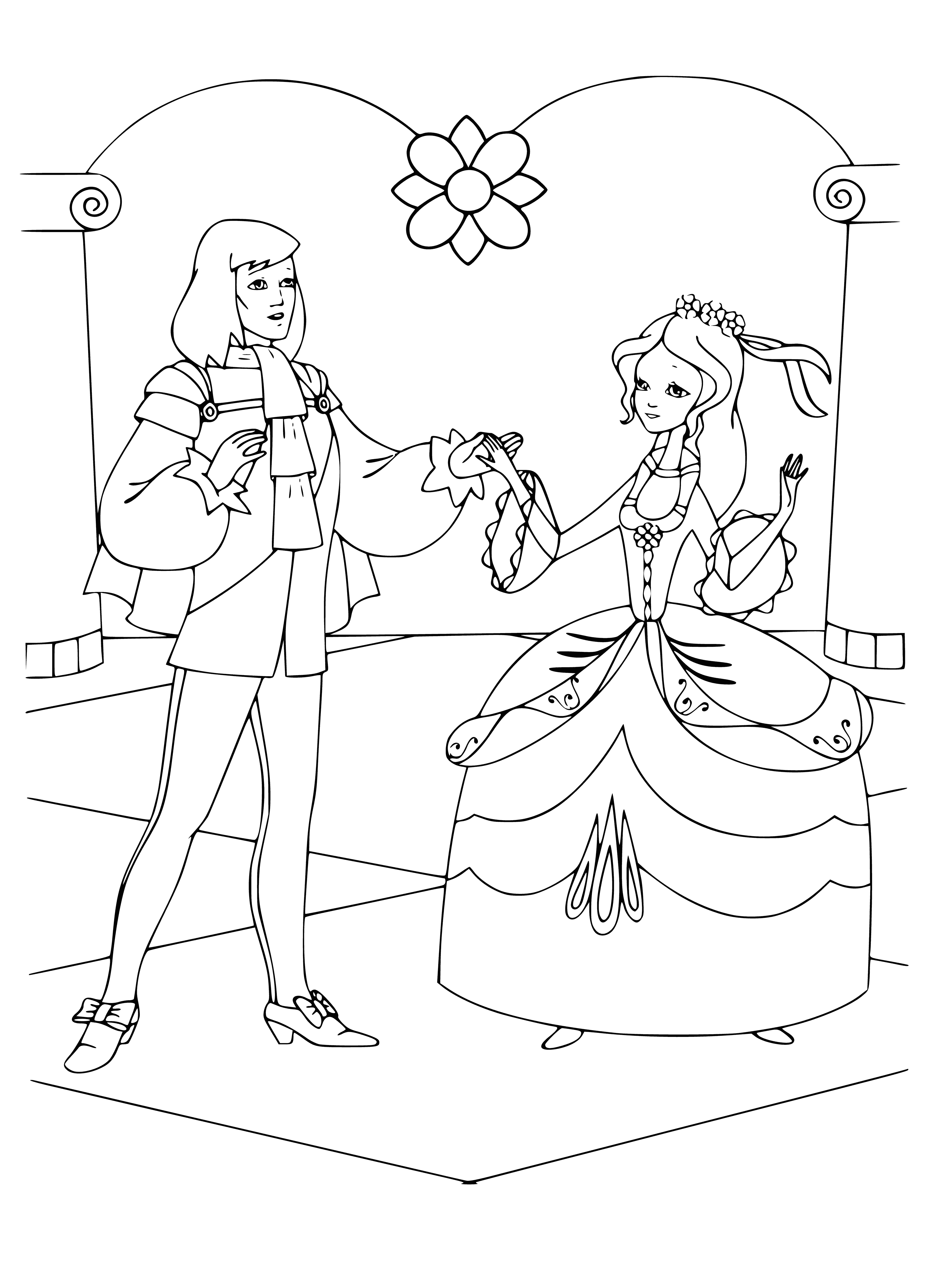 coloring page: Cinderella and Prince have a magical moment in this coloring page; she's in blue, he's in red/gold. White flowers frame them as he kneels before her. #timestamp