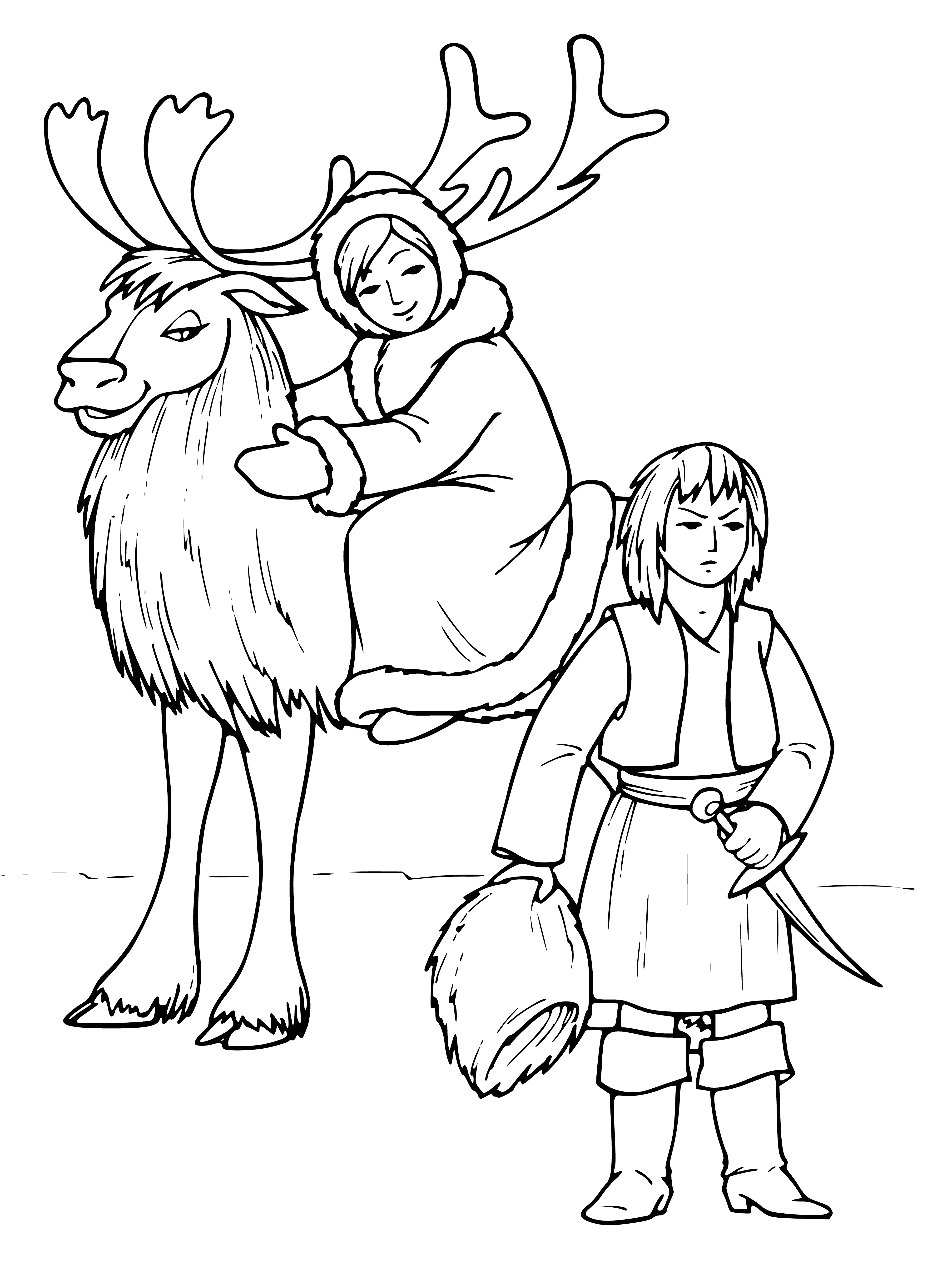coloring page: Girl, Gerda, travels though snow-covered landscape to castle to find her friend, the little robber, who she eventually succeeds in taking him home with her, hand in hand. #Fairytale