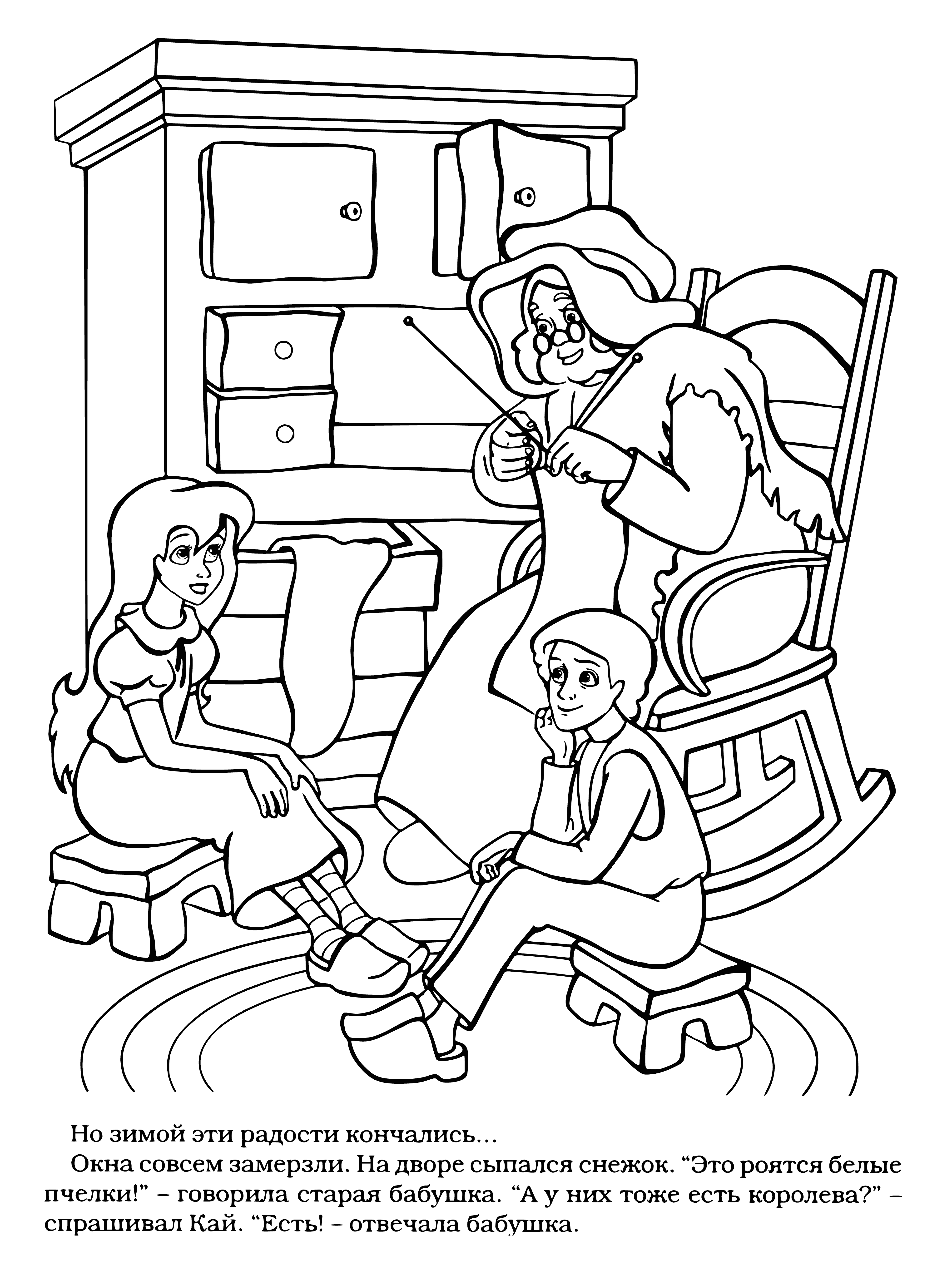 coloring page: Boy & girl, Kai & Gerda, smile while looking at a book on a river dock.