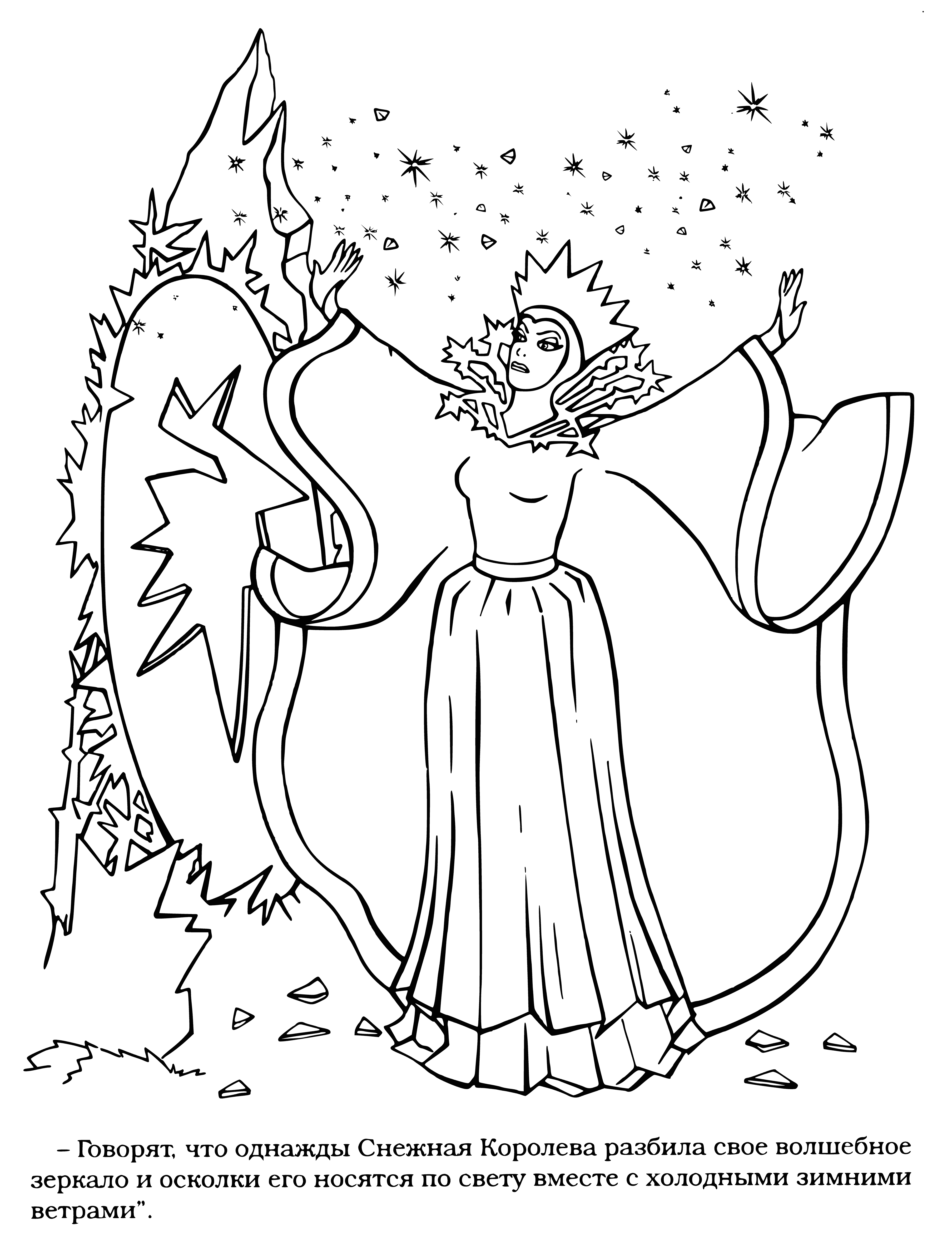 coloring page: Old man in brown coat with white hair & beard holds staff, looks in snowflake-covered mirror with door in center.