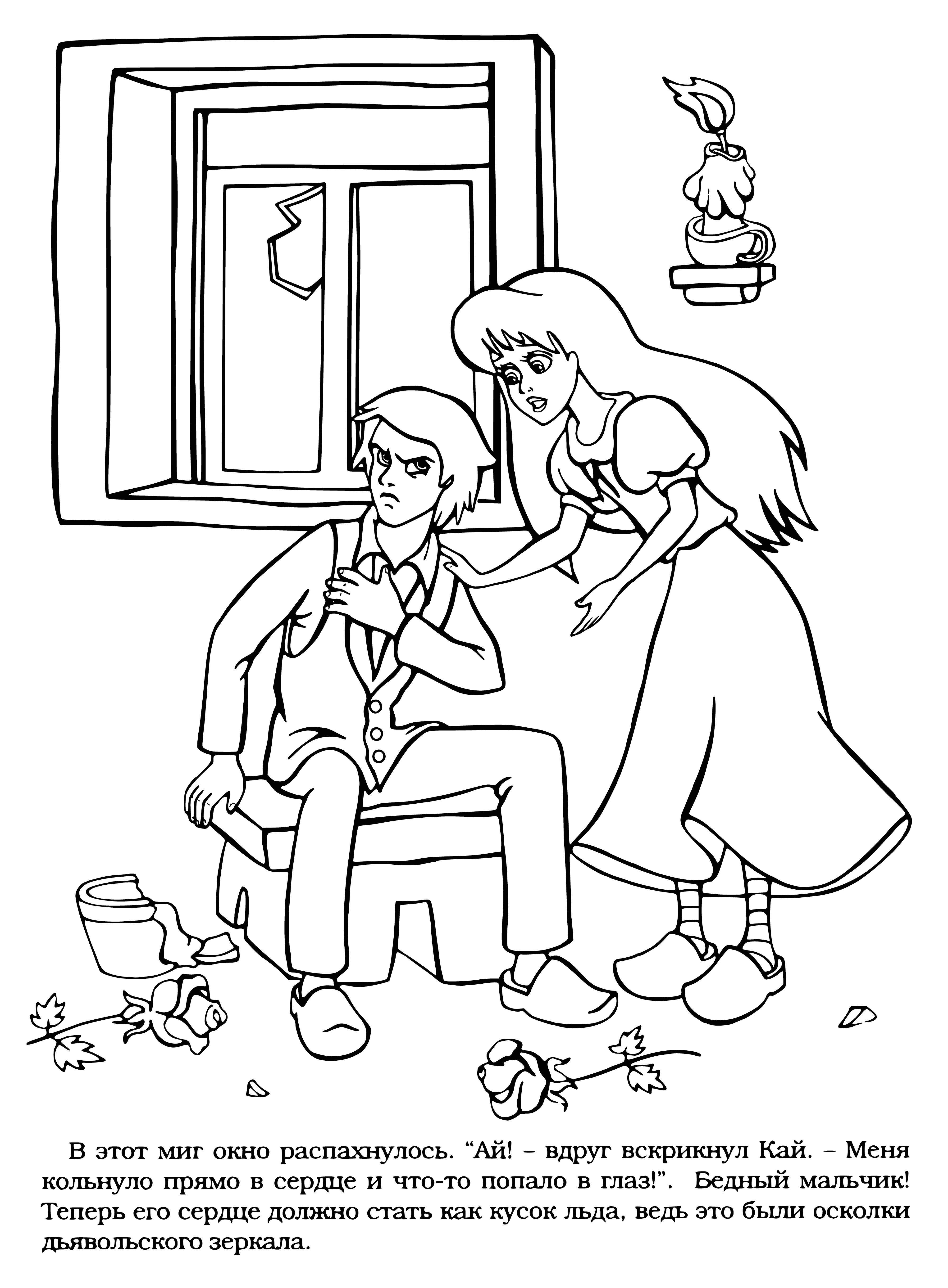 coloring page: Gerda weeps for Kai in the snow-covered ground.